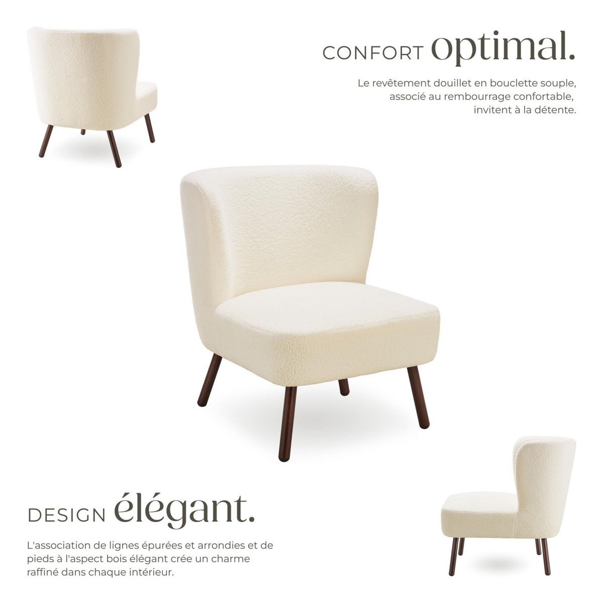 tectake Fauteuil cocktail rembourré avec revêtement en tissu bouclé blanc