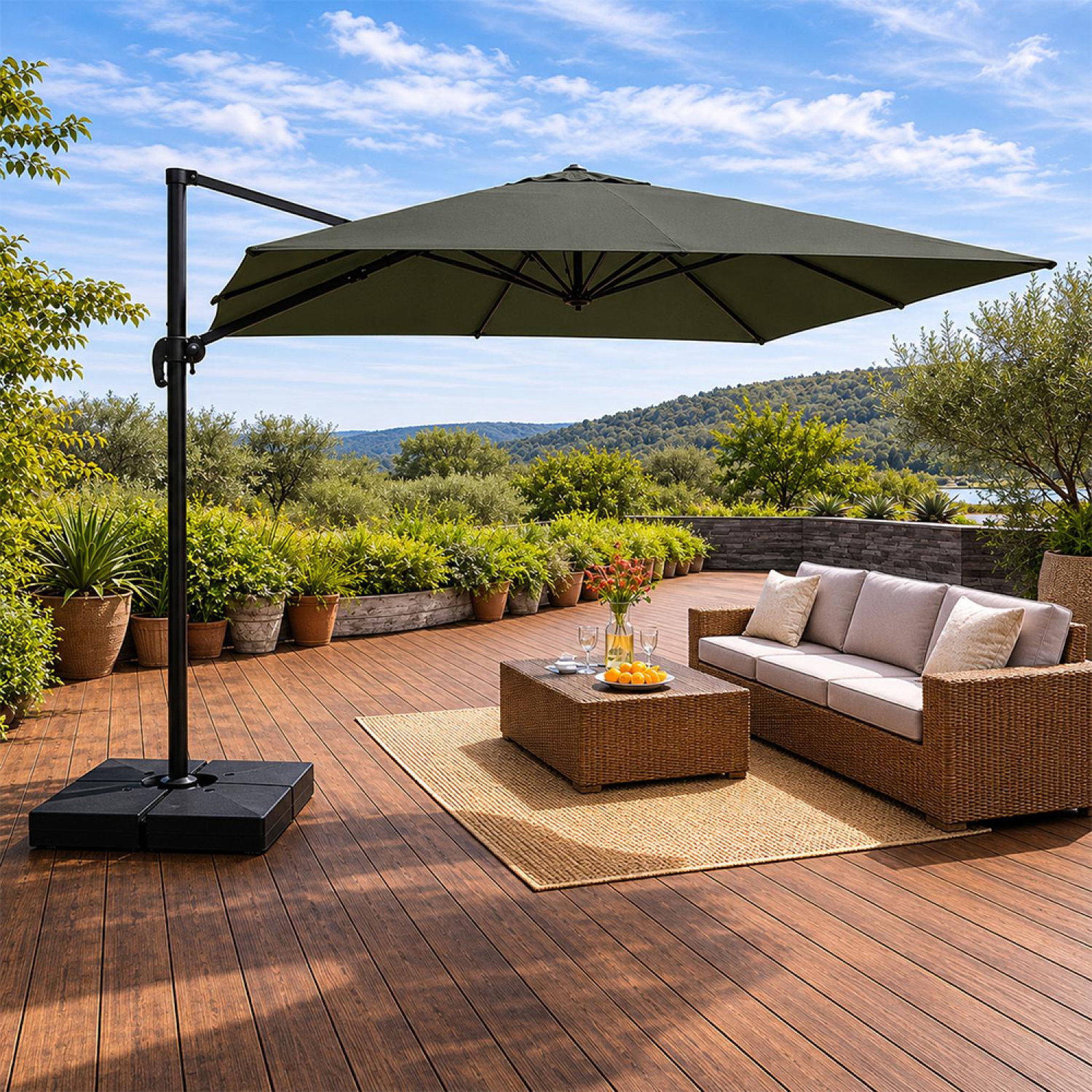 Voir la diapositive 2 : CONCEPT USINE Parasol rectangulaire 3x4 déporté rotatif vert en aluminium CEZIR