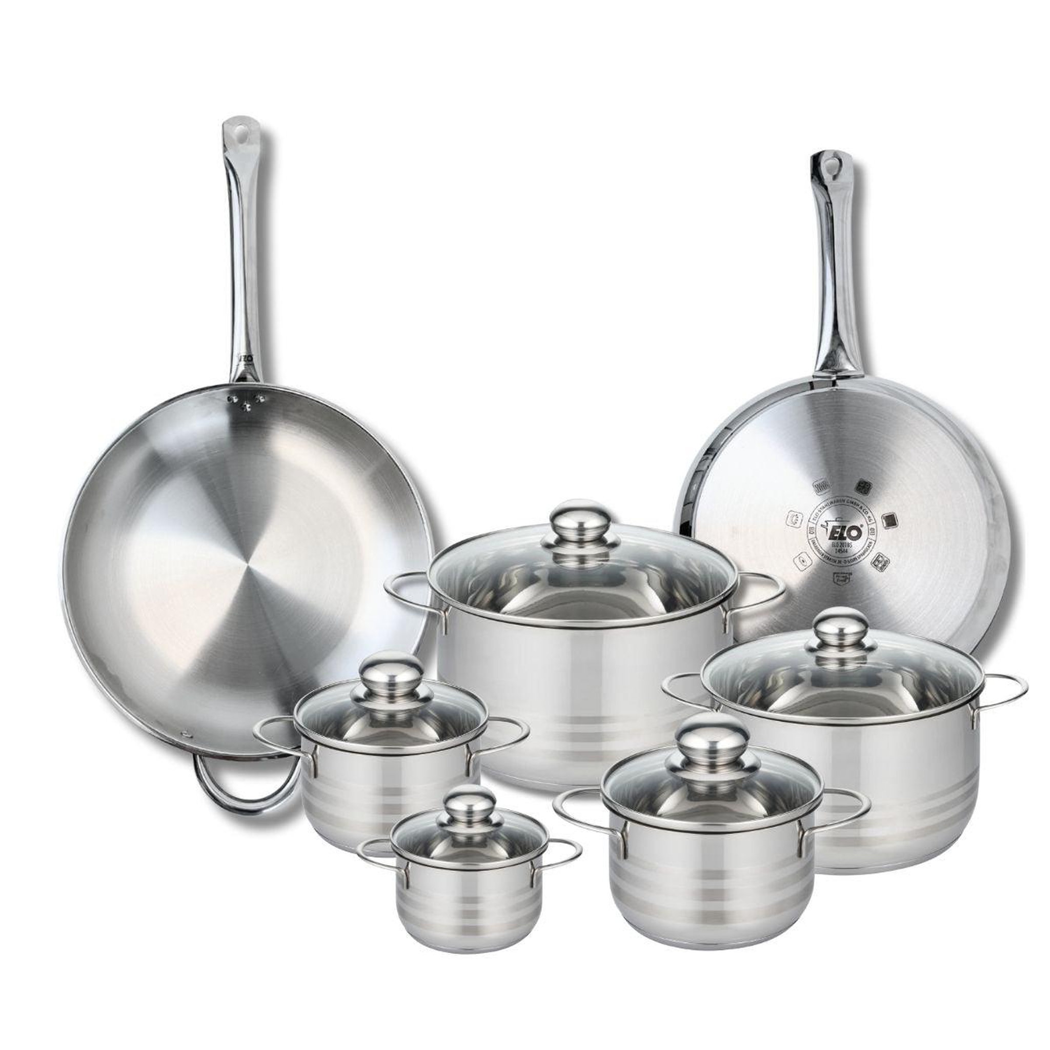 ELO Ensemble de 2 poêles de cuisson 28 et 32 cm et 5 faitouts 12, 14, 16, 20 et 24 cm elo profi brillant