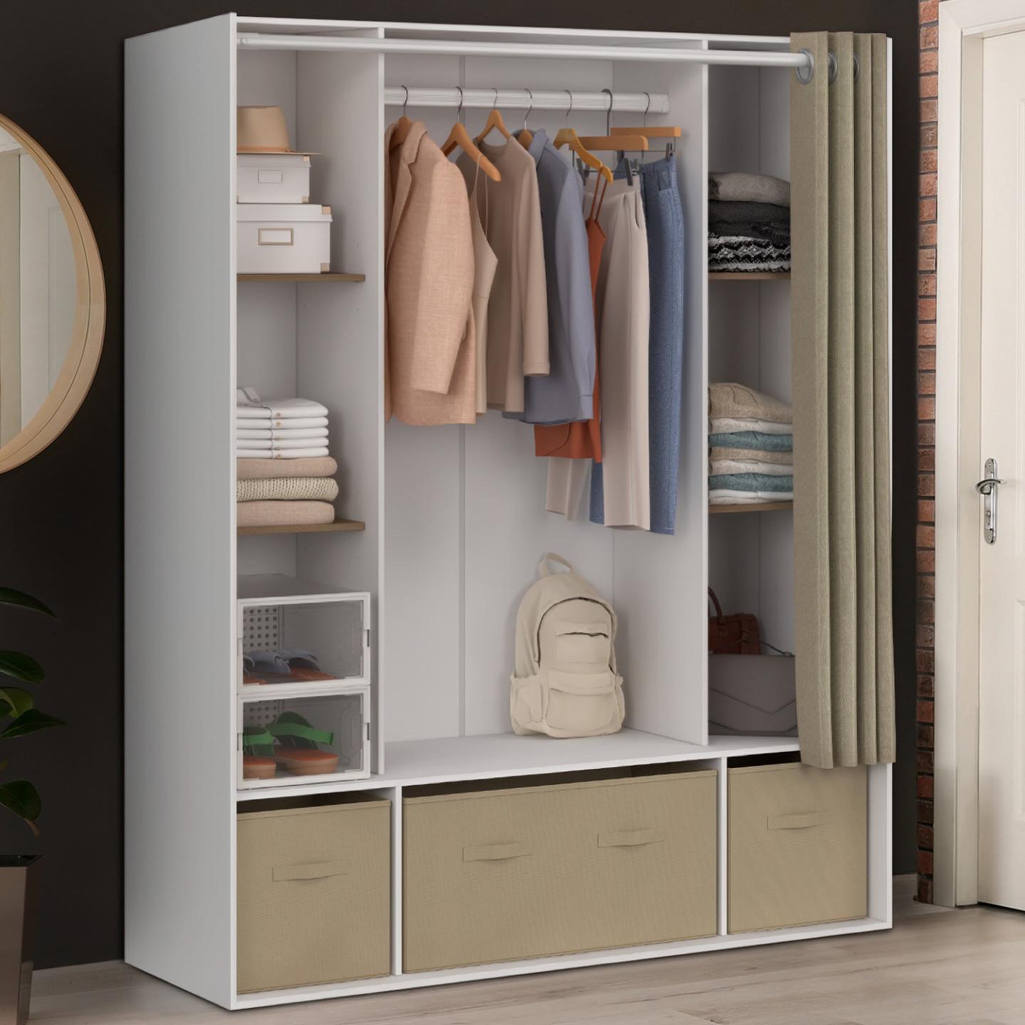 Voir la diapositive 2 : ID MARKET Dressing double penderie diane 140 x 45 x 167 cm blanc avec étagères + boites de rangement + rideau taupe