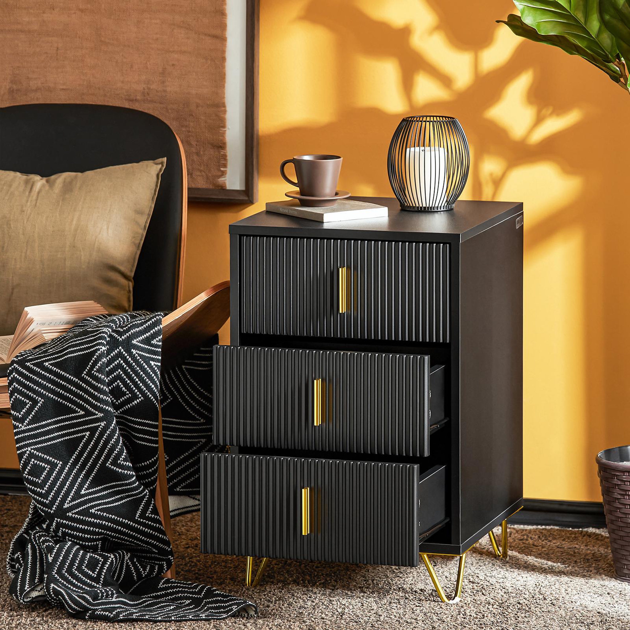 Voir la diapositive 6 : SOBUY Set de 2 Chevets avec 3 Tiroirs Noir 40x36x63 cm FBT115-L-SCHx2