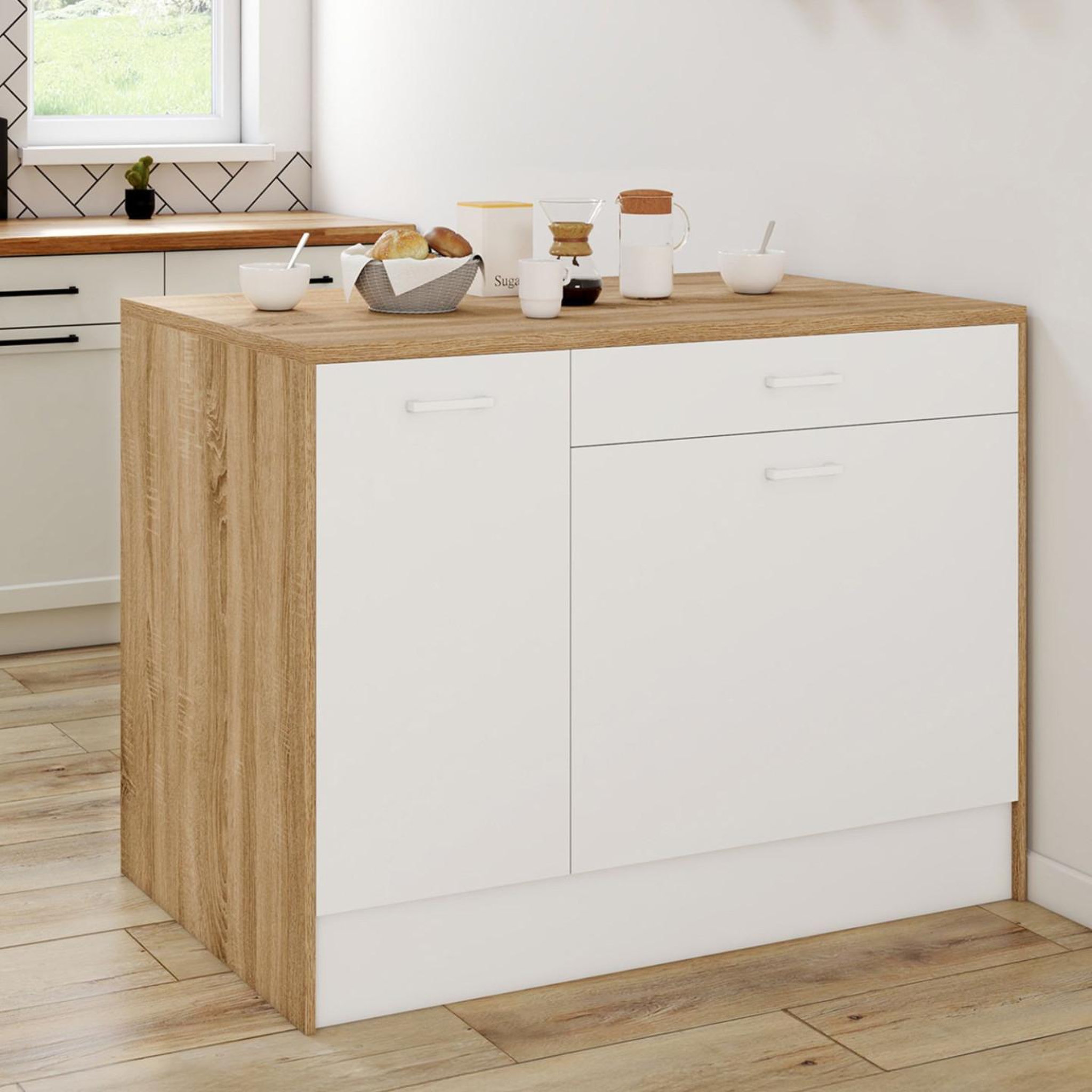 Voir la diapositive 2 : ID MARKET Ilot central lio maxi capacité de rangement bois et blanc