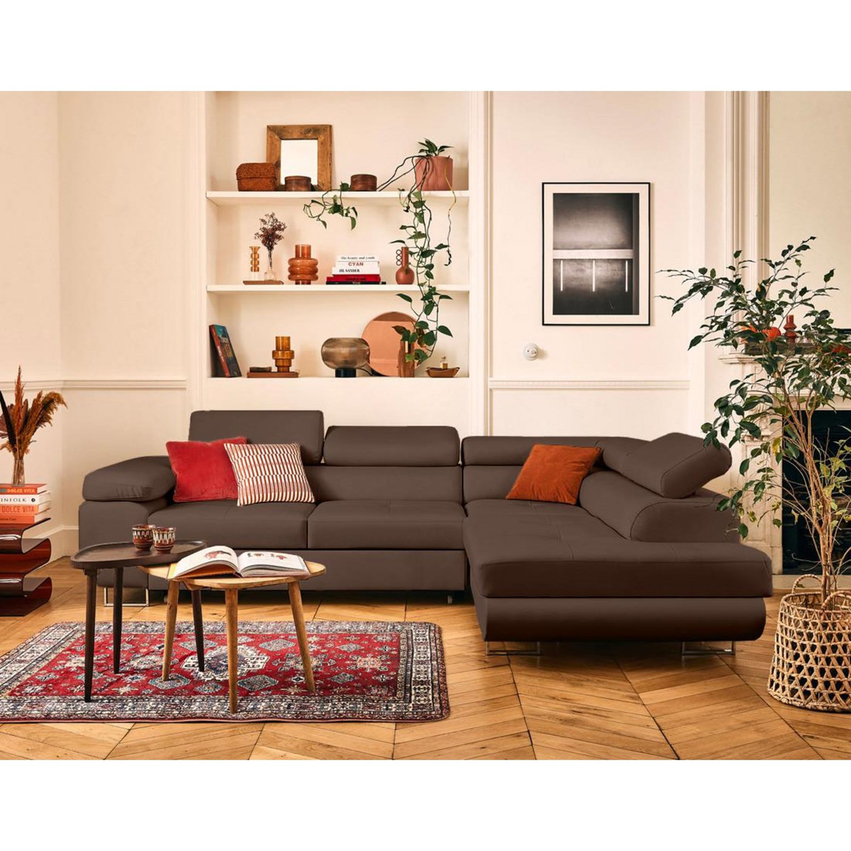 LISA DESIGN Zaria - canapé d'angle droit 5 places convertible avec coffre et têtières en simili