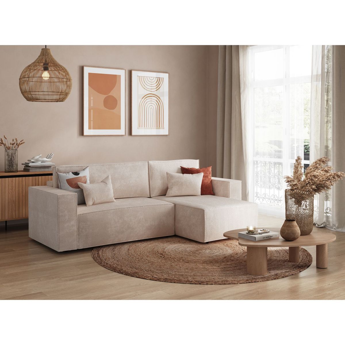 Canapé d'angle convertible réversible 3 places velours côtelé DAPHNE