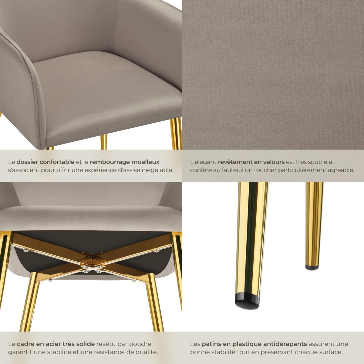 tectake Fauteuil en velours rembourré taupe Lot de 6