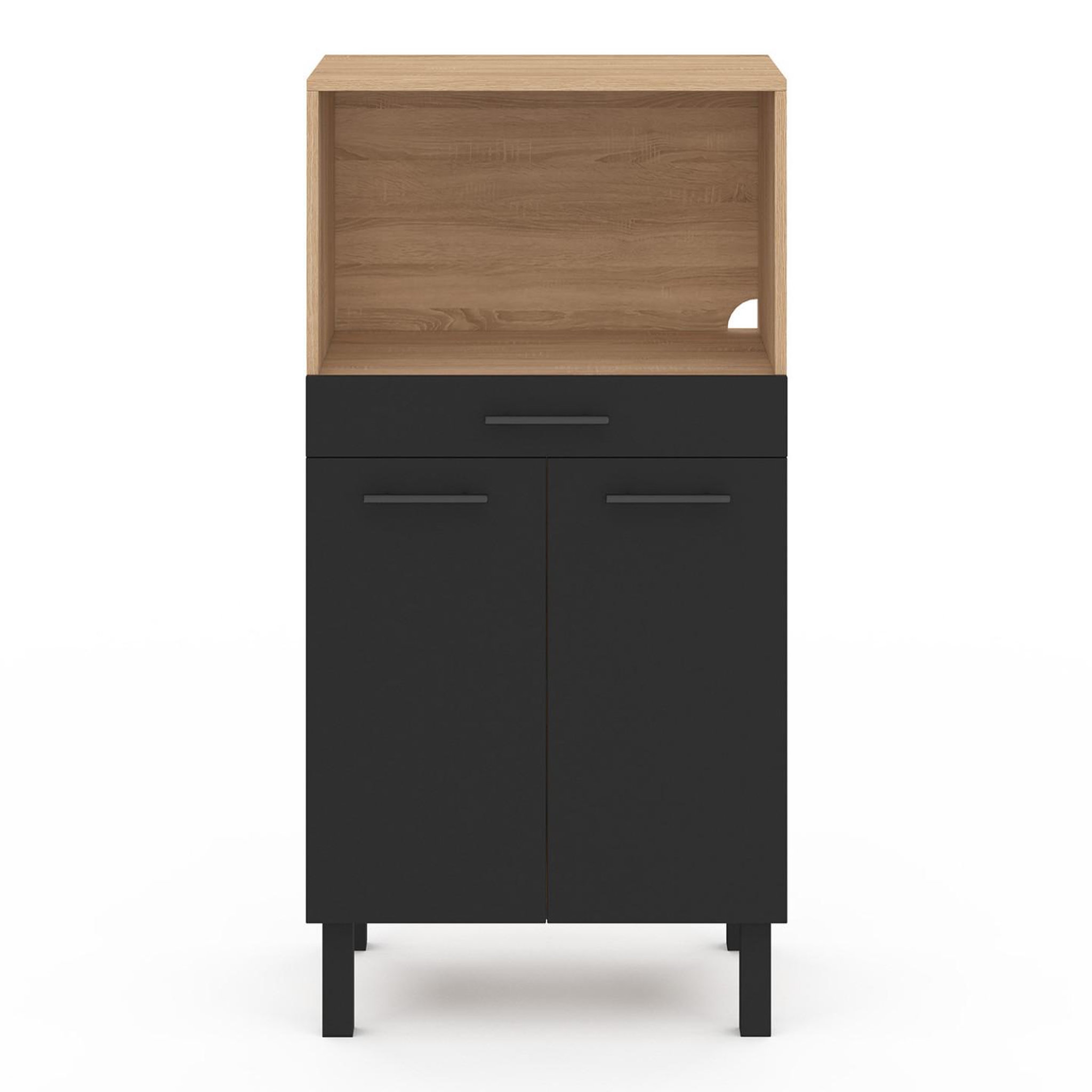 Voir la diapositive 3 : ID MARKET Buffet mi-haut de cuisine pour micro-onde 60 cm cina 1 tiroir 2 portes façon hêtre et noir