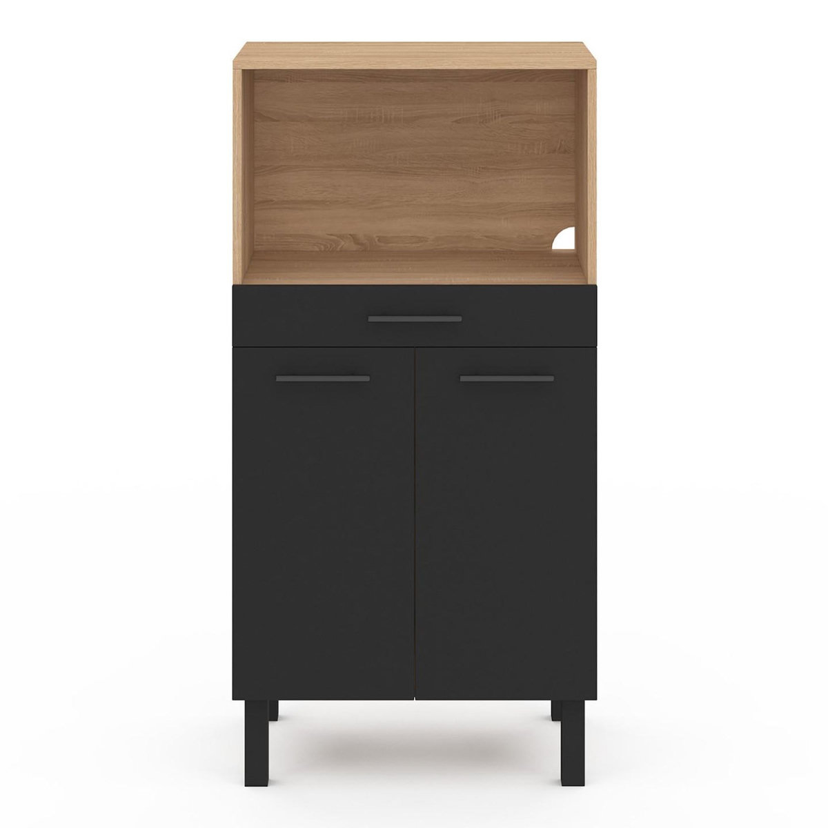ID MARKET Buffet mi-haut de cuisine pour micro-onde 60 cm CINA 1 tiroir 2 portes façon hêtre et noir