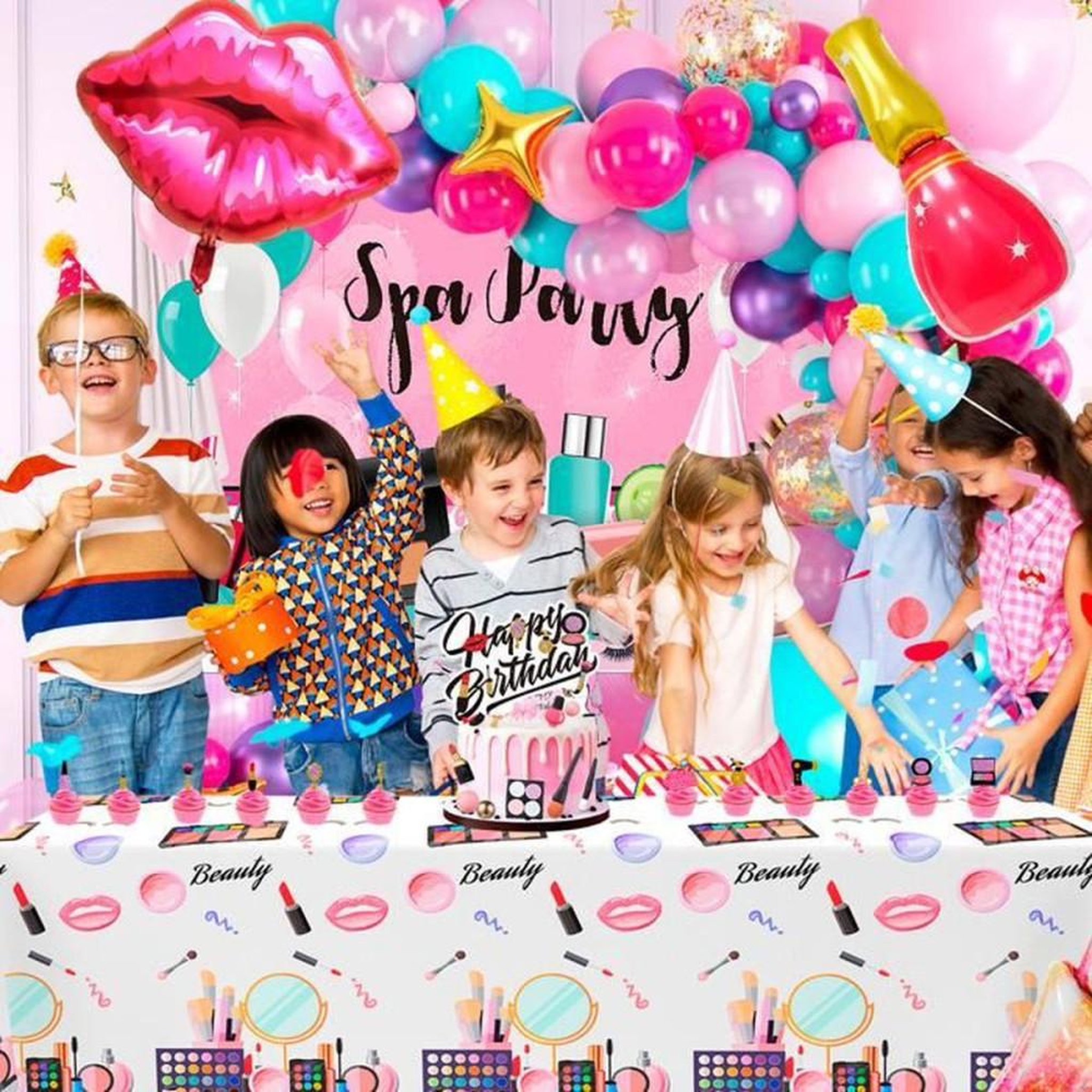 Voir la diapositive 3 : Set ballons déco thème Spa Party avec lettres et icônes maquillage multicolores rose, turquoise, violet, blanc, doré, rouge et magenta, réutilisables