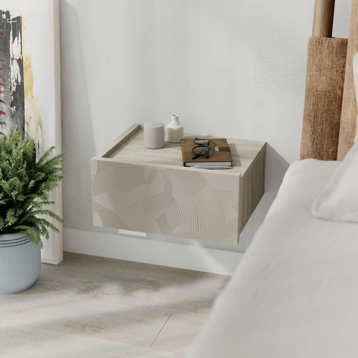 Habitat et Jardin Table de chevet avec éclairage LED en bois  Onda  - 38 x 31 x 18 cm - Beige