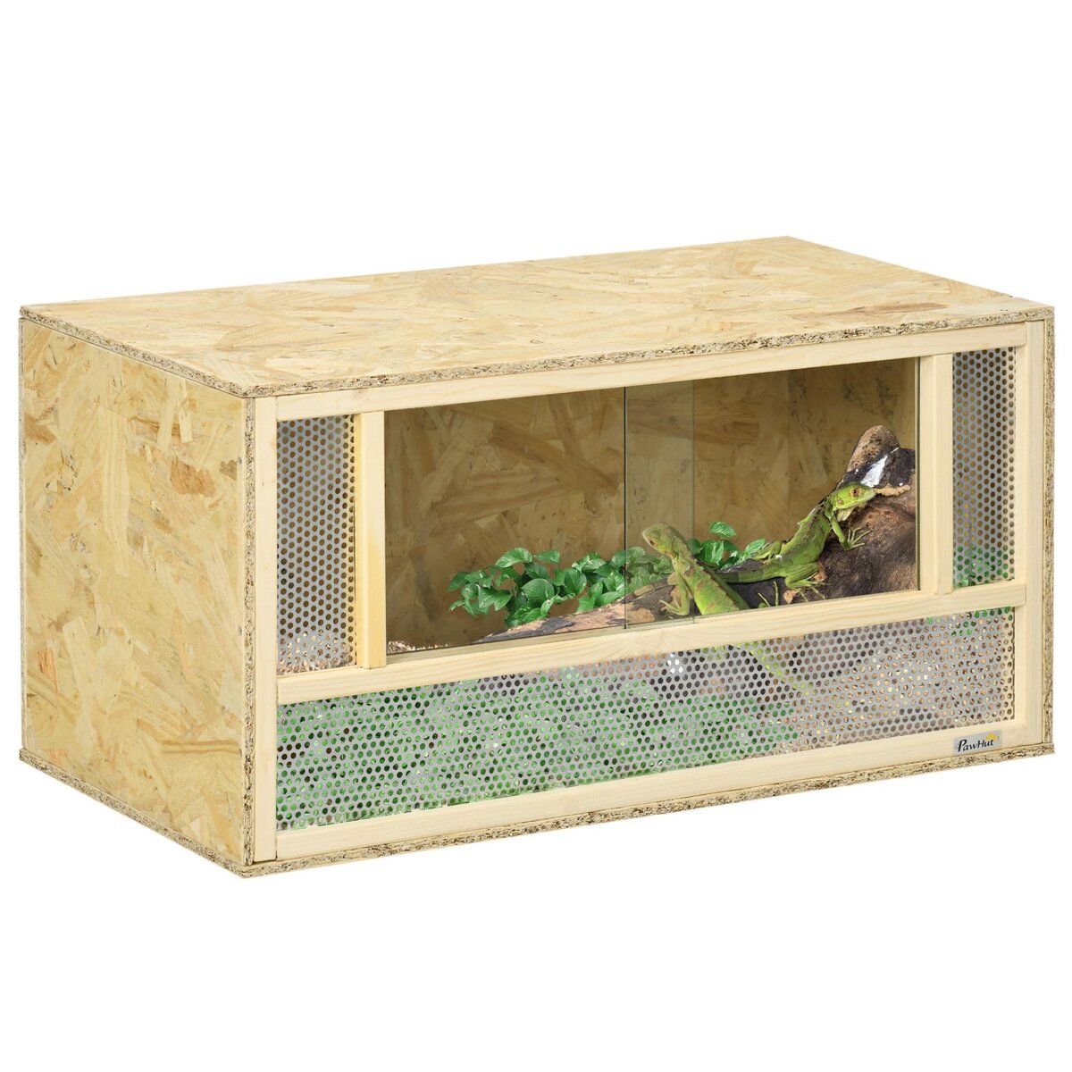 PAWHUT Terrarium - vivarium reptiles - 2 portes coulissantes verre trempé - parois maillées frontales - métal OSB