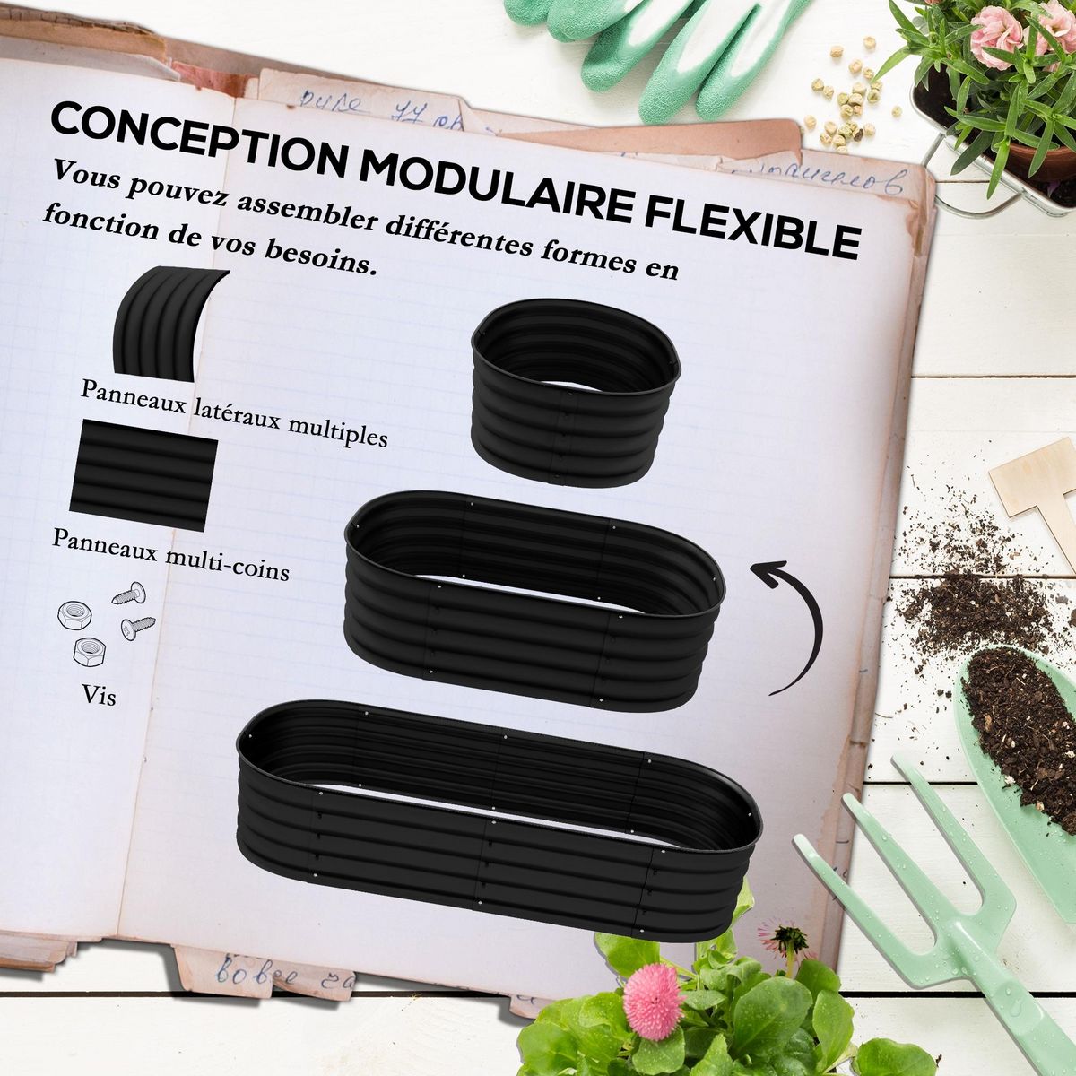 OUTSUNNY Carré potager de jardin dim. 150L x 62l x 30H cm modulable tôle d'acier ondulée noir