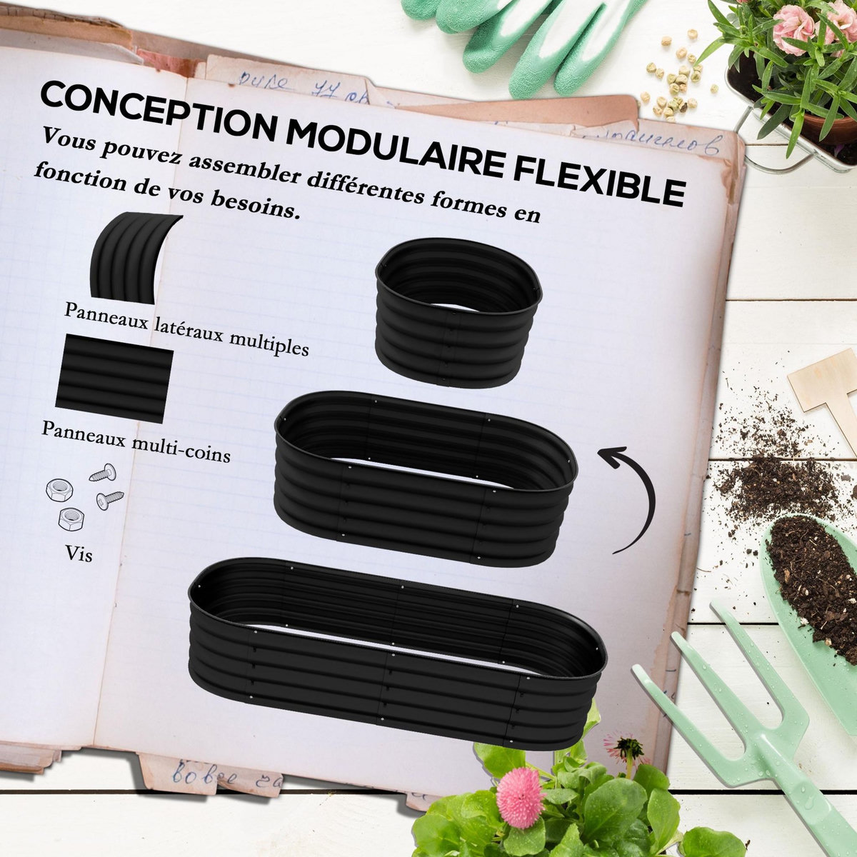 OUTSUNNY Carré potager de jardin dim. 150L x 62l x 30H cm modulable tôle d'acier ondulée noir