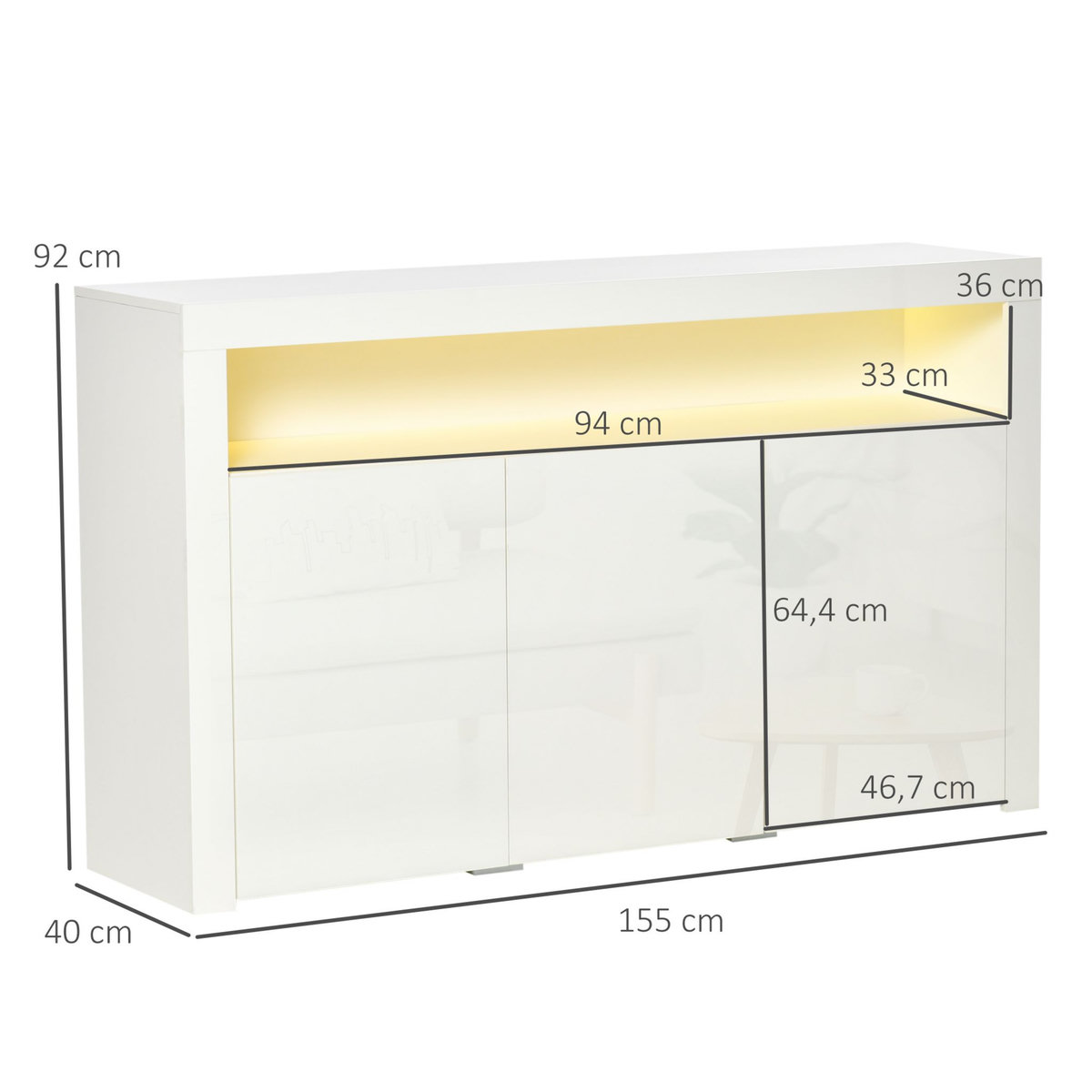HOMCOM HOMCOM Buffet LED - meuble de rangement LED - 3 placards avec étagère et grande niche - panneaux particules MDF blanc laqué