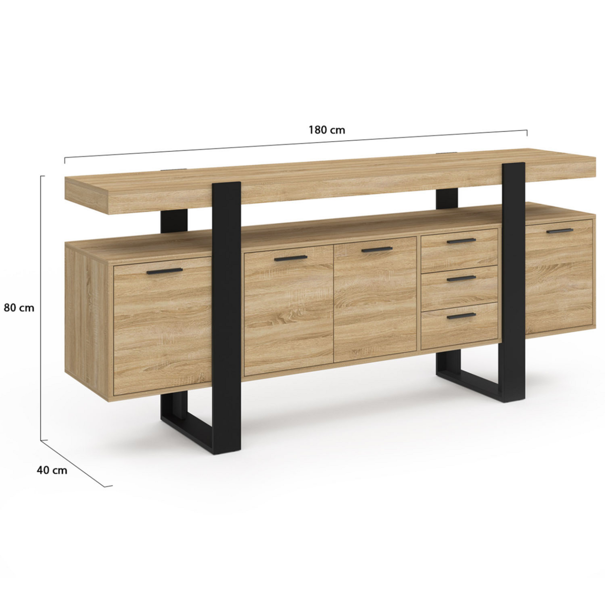 ID MARKET Buffet 180 cm PHOENIX XXL 4 portes et 3 tiroirs bois et noir
