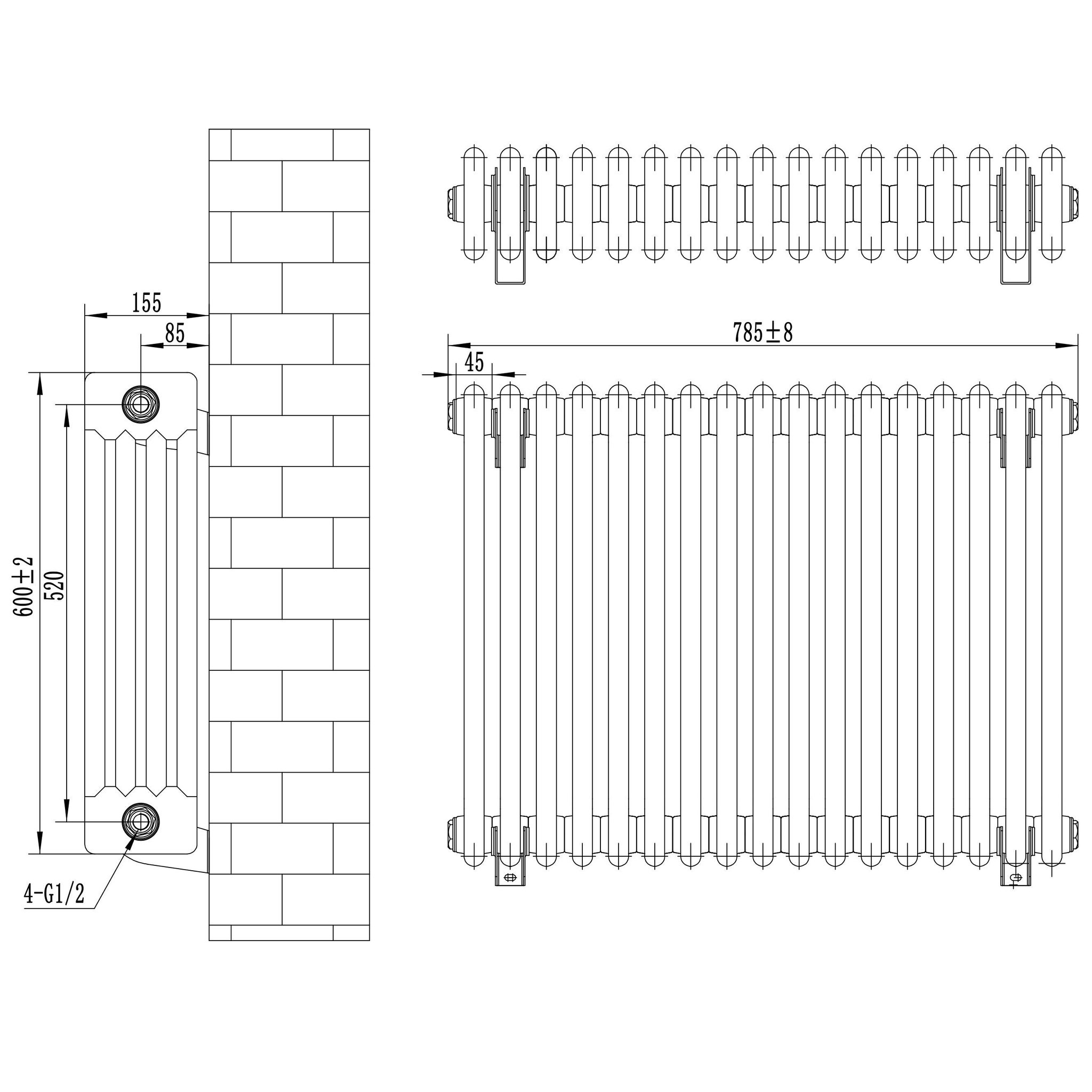 Voir la diapositive 5 : MONSTERSHOP Radiateur traditionnel à 4 colonnes & vannes - 600 x 785 mm