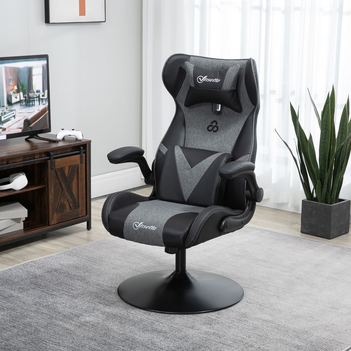 VINSETTO Fauteuil gaming base ronde métal pivotante 360° hauteur réglable tétière coussin lombaires accoudoirs relevables PU tissu gris noir