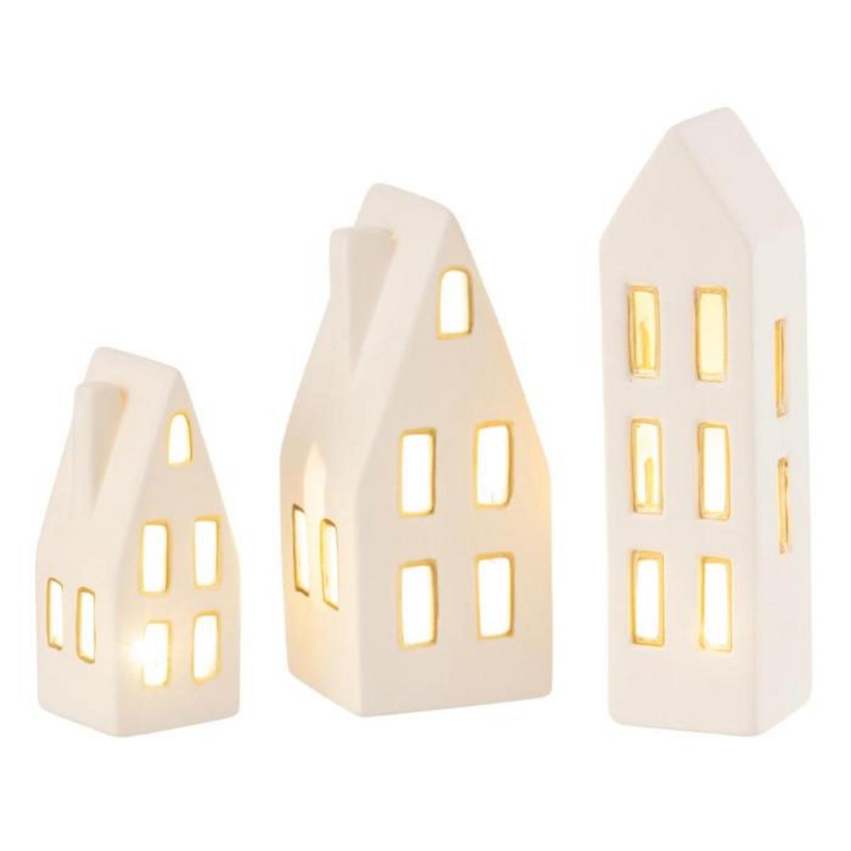 Paris Prix Lot de 3 Maisons à LED  Porcelaine  20cm Blanc
