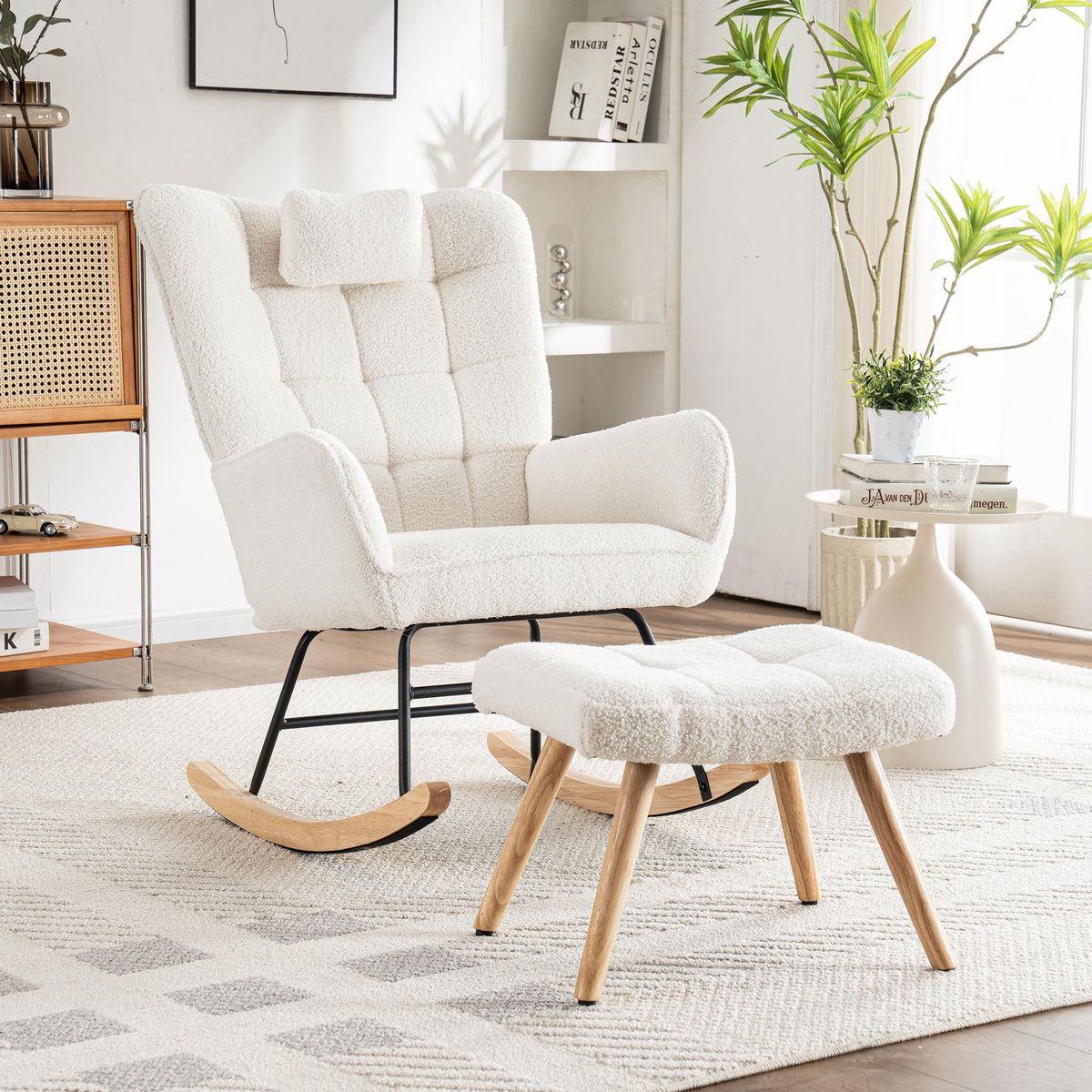 MERAX Rocking-chair Fauteuil à Bascule Avec 1 Repose-pieds Et 1 Oreiller Blanc