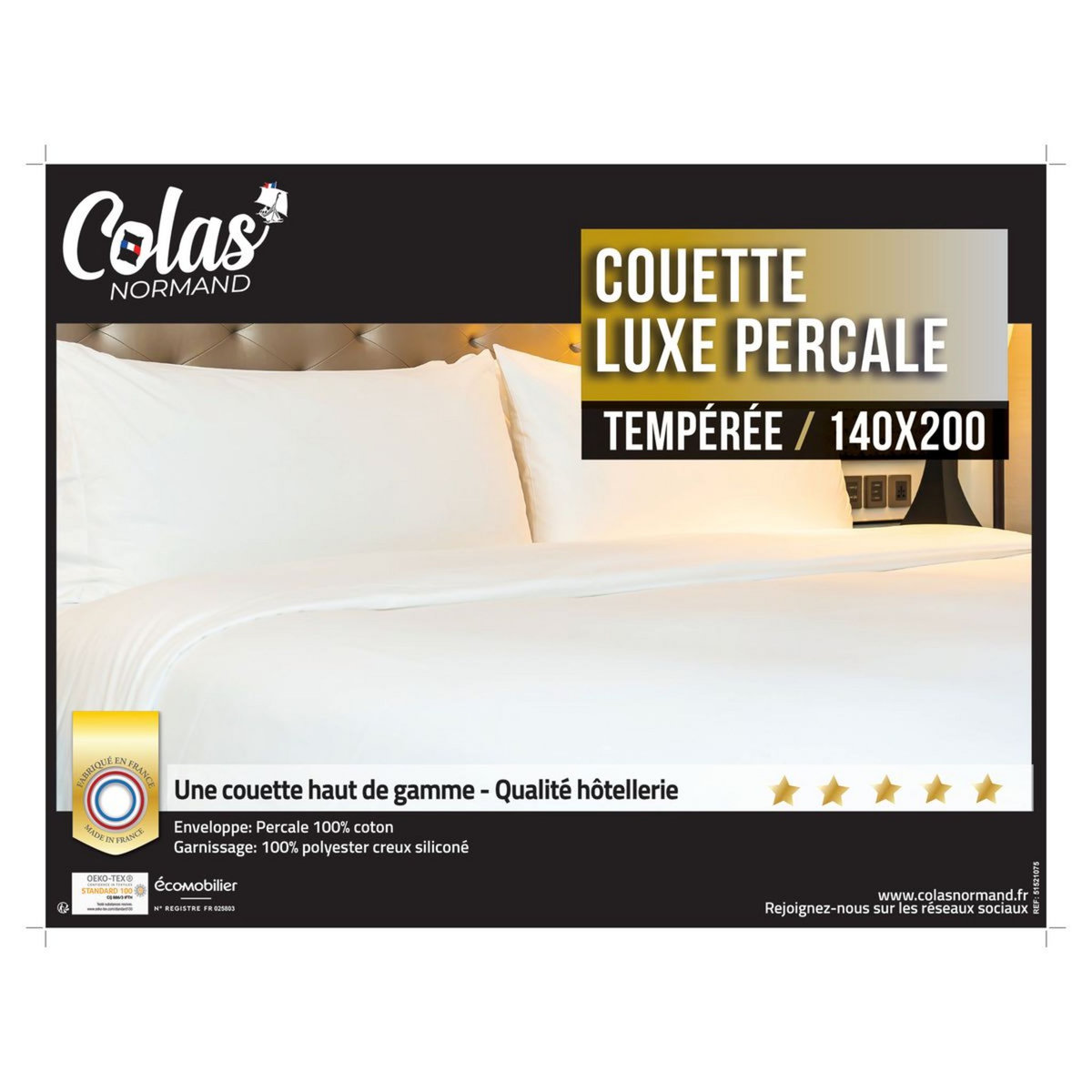 COLAS NORMAND Couette tempérée en percale de coton 350 g/m² QUALITE HOTELLERIE
