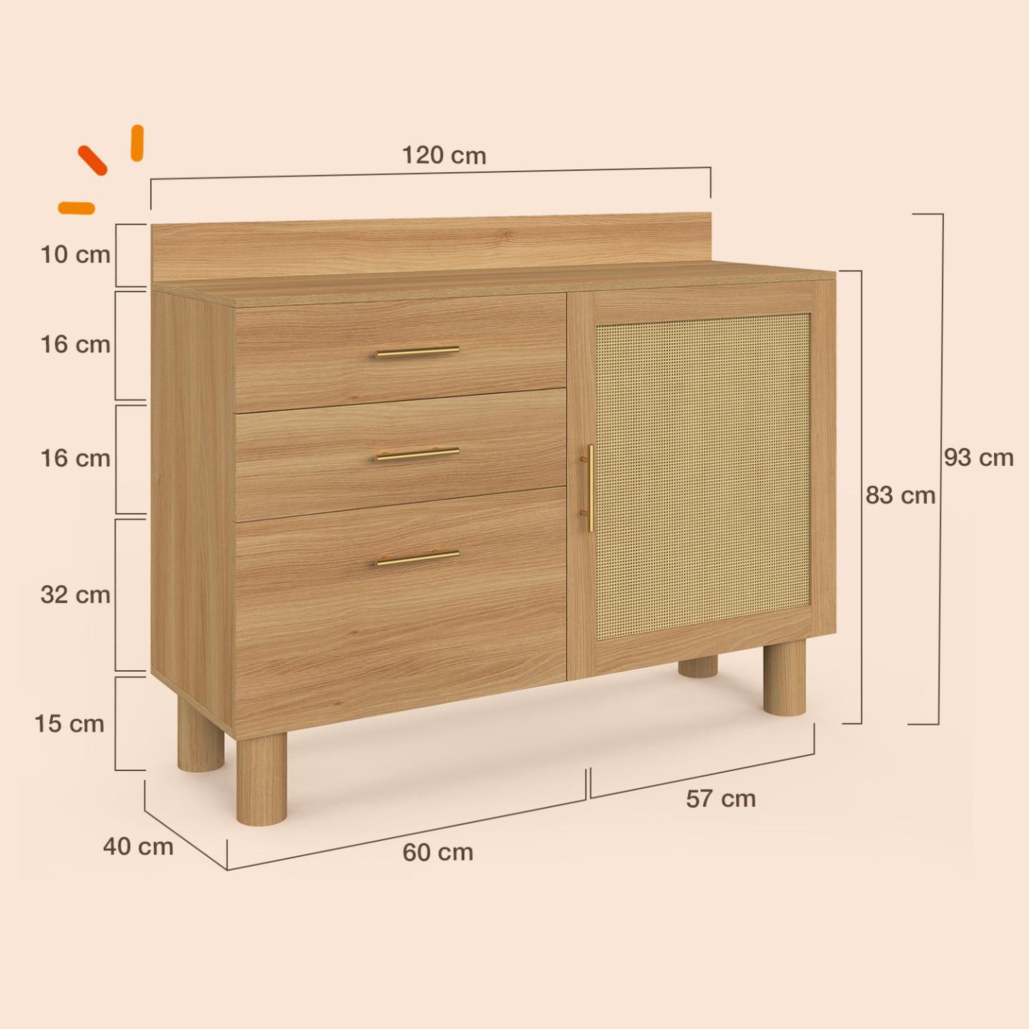 Voir la diapositive 5 : ID MARKET Buffet bas de cuisine 120 cm DENISE en cannage