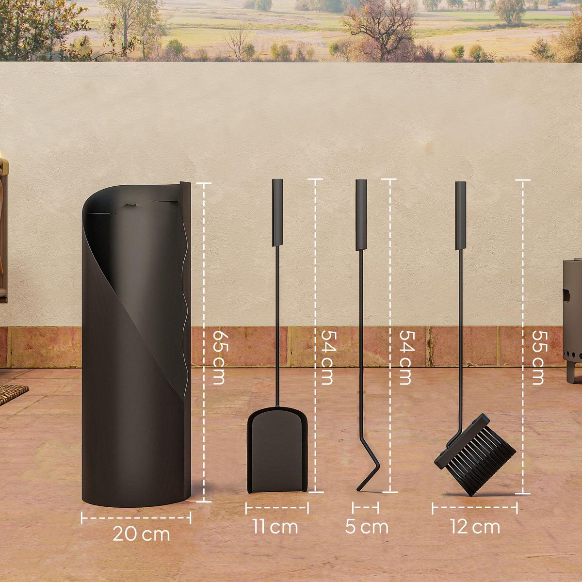 OUTSUNNY Ensemble serviteur de cheminée design 4 pièces en métal - brosse, pelle, tisonnier - support inclus noir