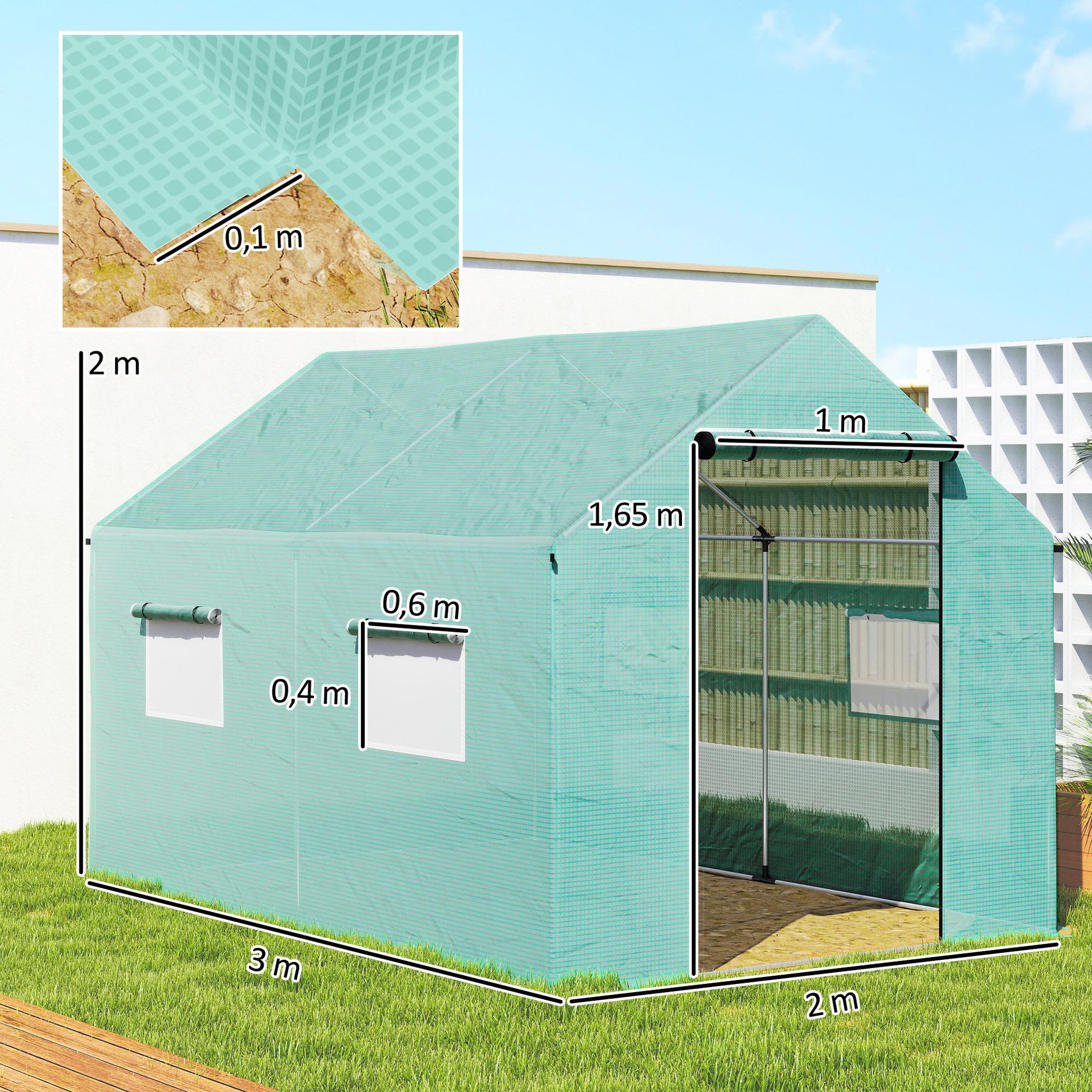 Voir la diapositive 3 : OUTSUNNY Serre de jardin tunnel 6 m² porte 4 fenêtres acier galvanisé PE vert