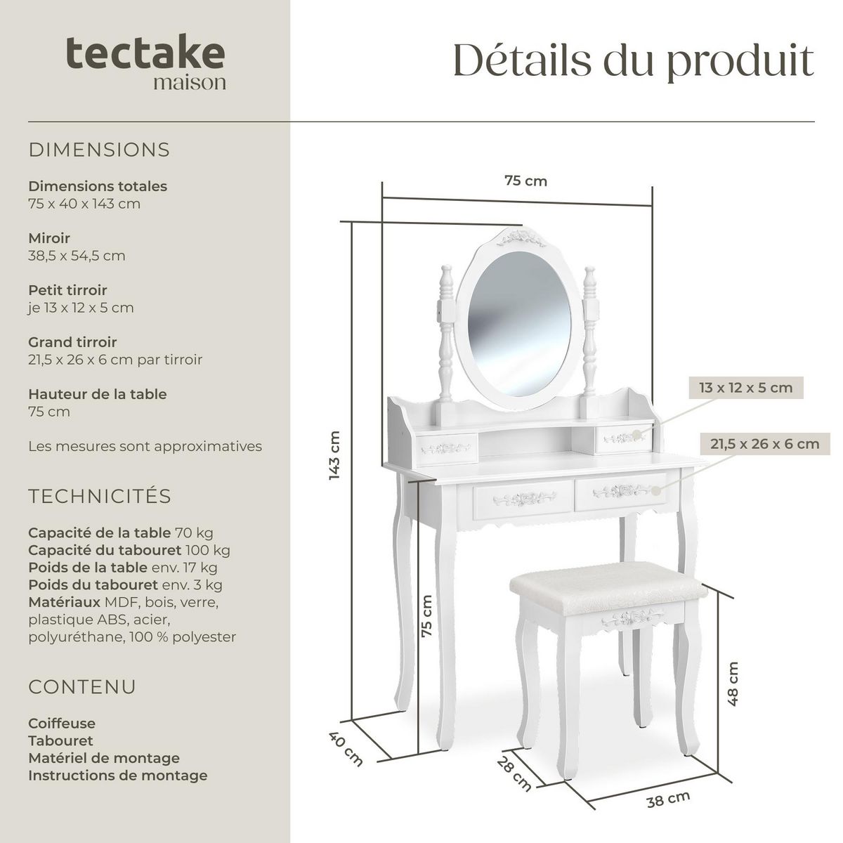 tectake Coiffeuse table de maquillage au look vintage avec tabouret rembourré blanc