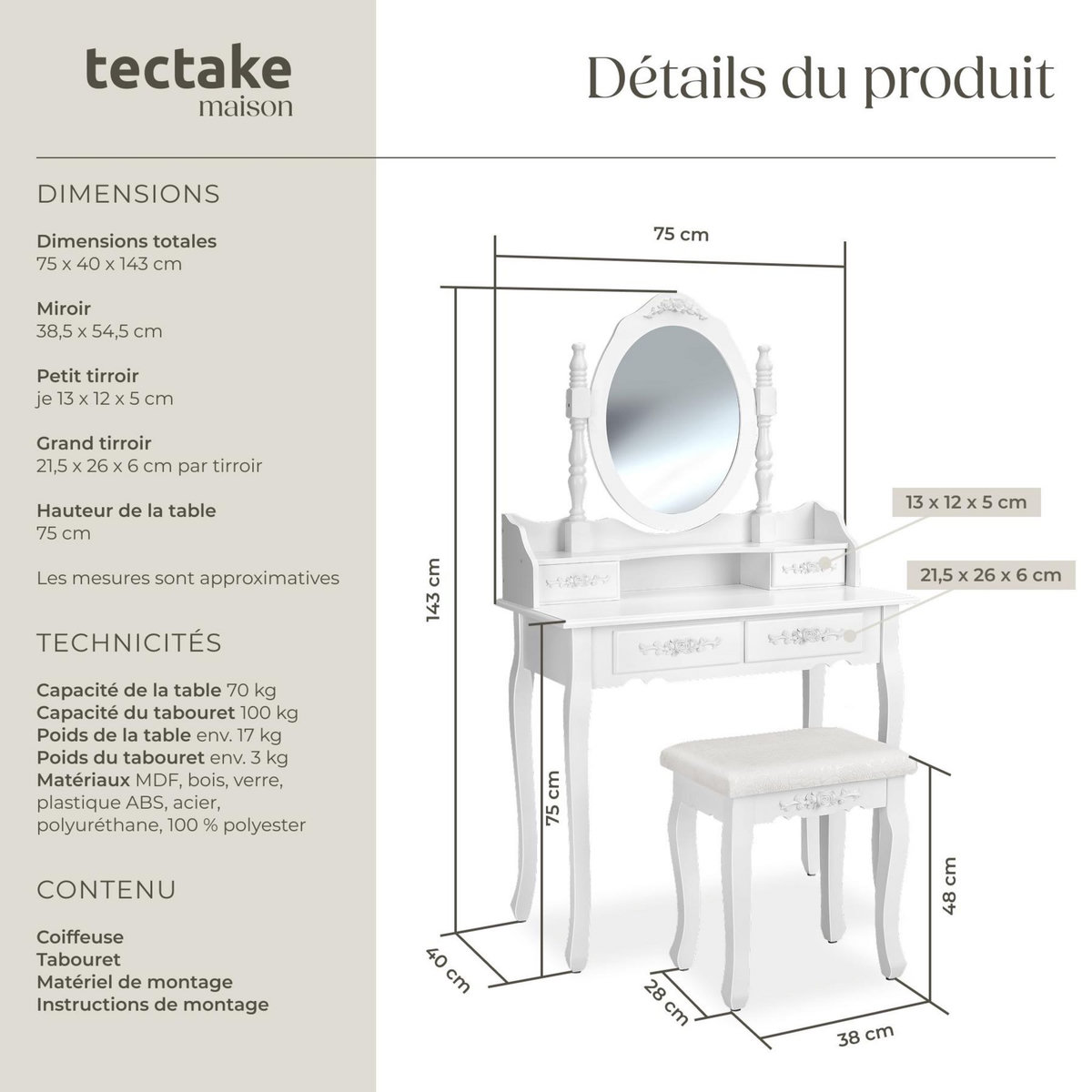 tectake Coiffeuse table de maquillage au look vintage avec tabouret rembourré blanc