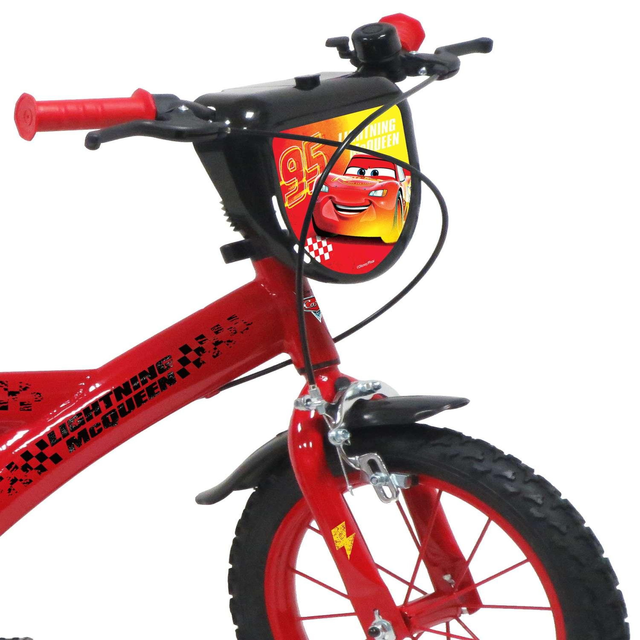 Voir la diapositive 4 : Disney Cars Vélo enfant - Modèle 14'' Cars pour enfant de 95/110 cm avec stabilisateurs - Plaque décorative avant - Porte bidon - 2 freins et pneus gonflables