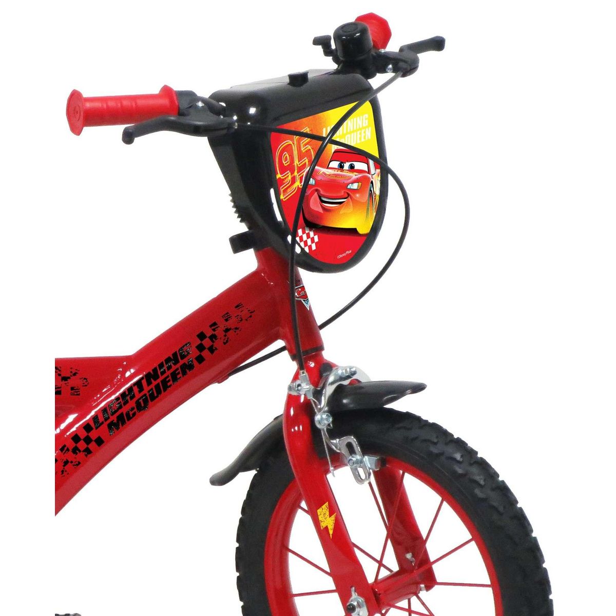 Disney Cars Vélo enfant - Modèle 14'' Cars pour enfant de 95/110 cm avec stabilisateurs - Plaque décorative avant - Porte bidon - 2 freins et pneus gonflables