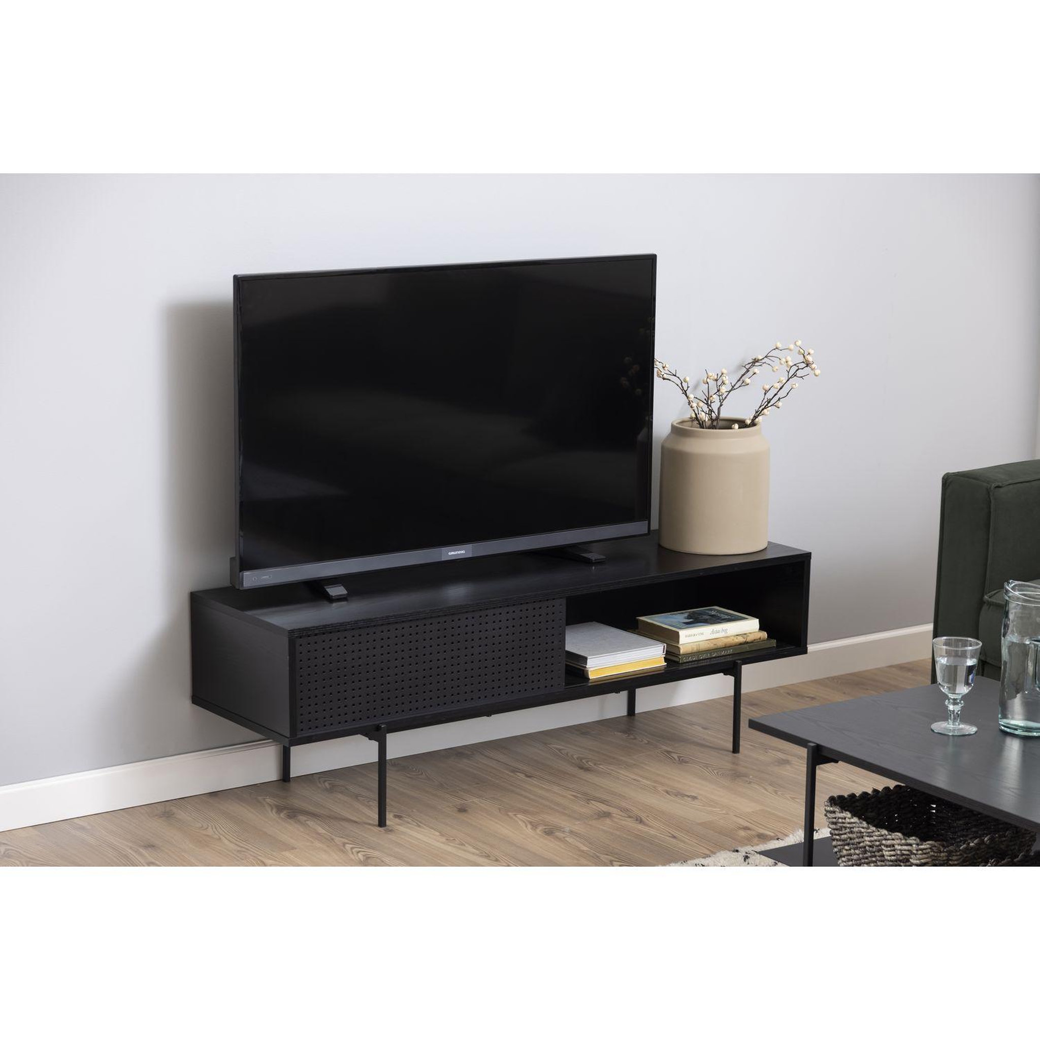 Voir la diapositive 5 : TOILINUX Meuble tv en mdf et métal avec 1 porte coulissante - noir