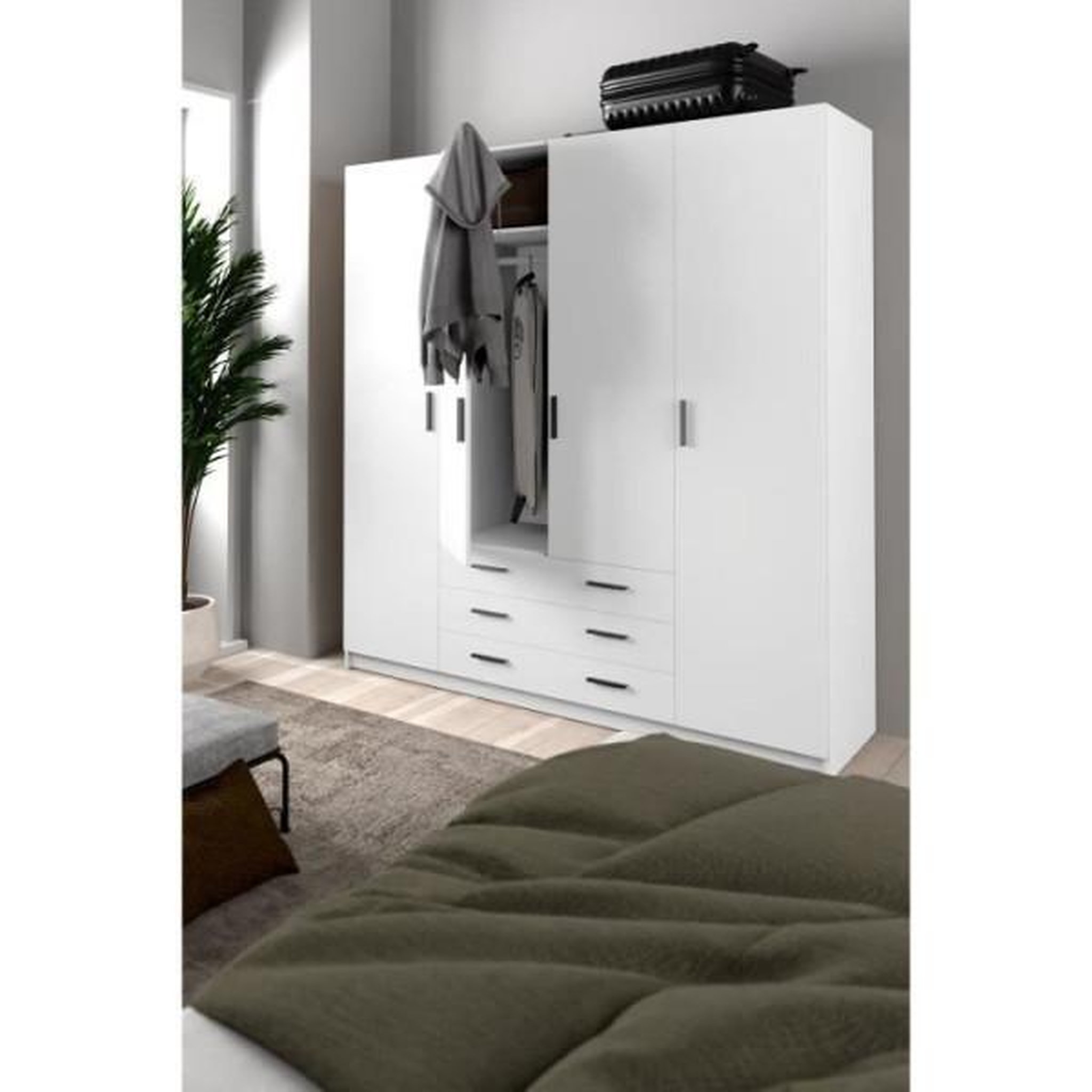 Voir la diapositive 2 : TVILUM Armoire VEGA - Décor Blanc mat - 4 portes + 3 tiroirs - L 195,5 x P 49,6 x H 200,4 cm