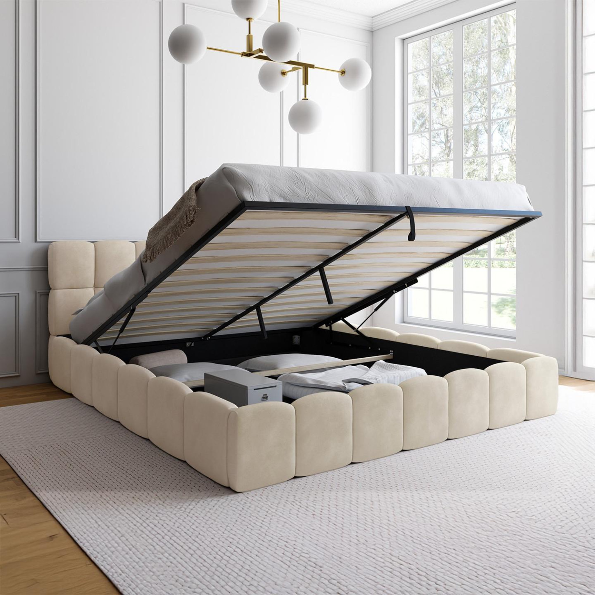 Voir la diapositive 2 : ID MARKET Lit coffre double nuage avec tête de lit matelassée et sommier 180 x 200 cm velours beige