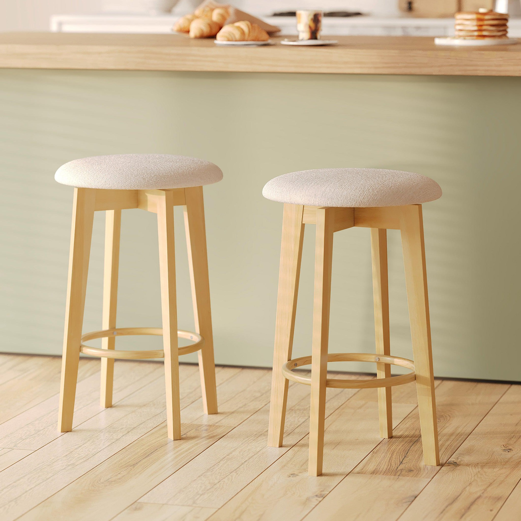 Voir la diapositive 2 : MAISON PAVANE Lot de 2 tabourets pour îlot central 66 cm en tissu beige-vahina