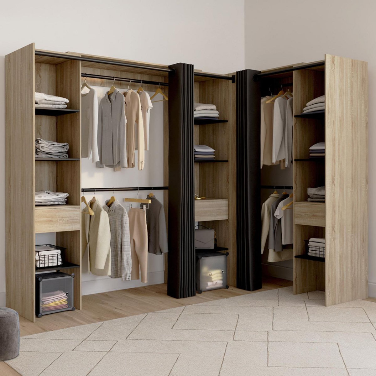 ID MARKET Dressing extensible d'angle MARLON 230 x 140 x 180 cm cm hêtre avec penderies + étagères + rideaux noirs