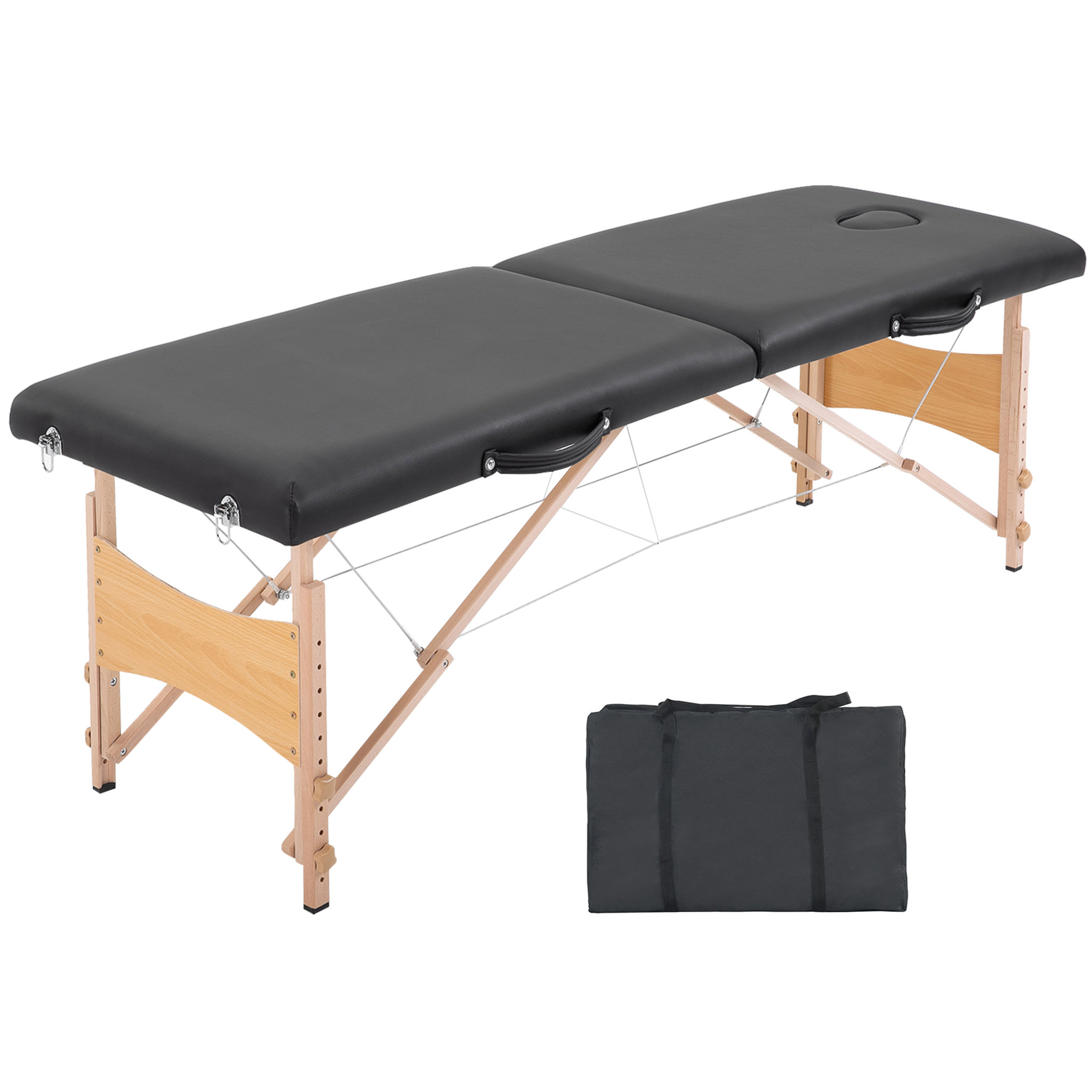 Voir la diapositive 1 : HOMCOM Table de massage pliante lit table de beauté 2 zones portable sac de tranport inclus hauteur réglable dim. 186L x 60l x 58-81H cm bois massif revêtement synthétique noir