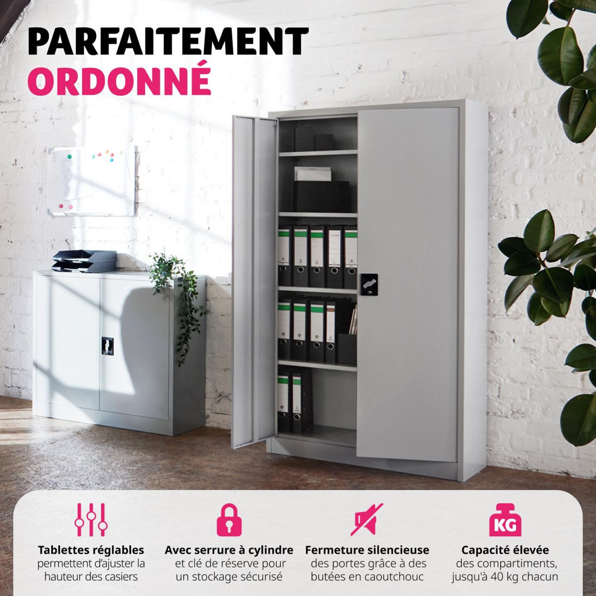 tectake Armoire de classement en métal en acier lâqué époxy gris