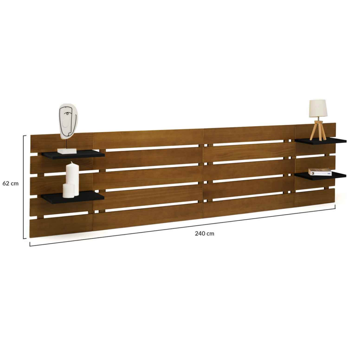 ID MARKET Tête de lit suspendue 5 larges lattes NINA 240 cm bois vieilli et étagères noires