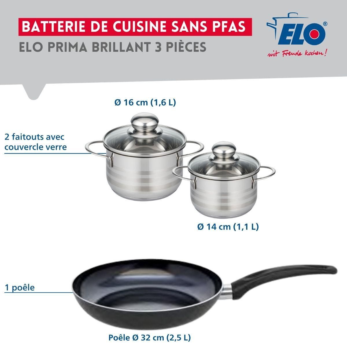 ELO Ensemble de 1 Poêle de cuisson 32 cm et 2 faitouts 14 et 16 cm Elo Prima Brillant