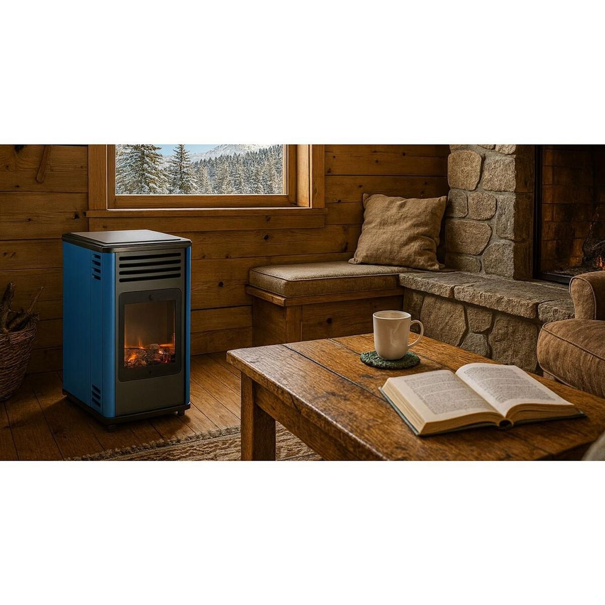 SAHARA Poêle à gaz 3,4KW Bleu et Noir - Chauffage d'appoint effet Feu de bois Manhattan Sahara