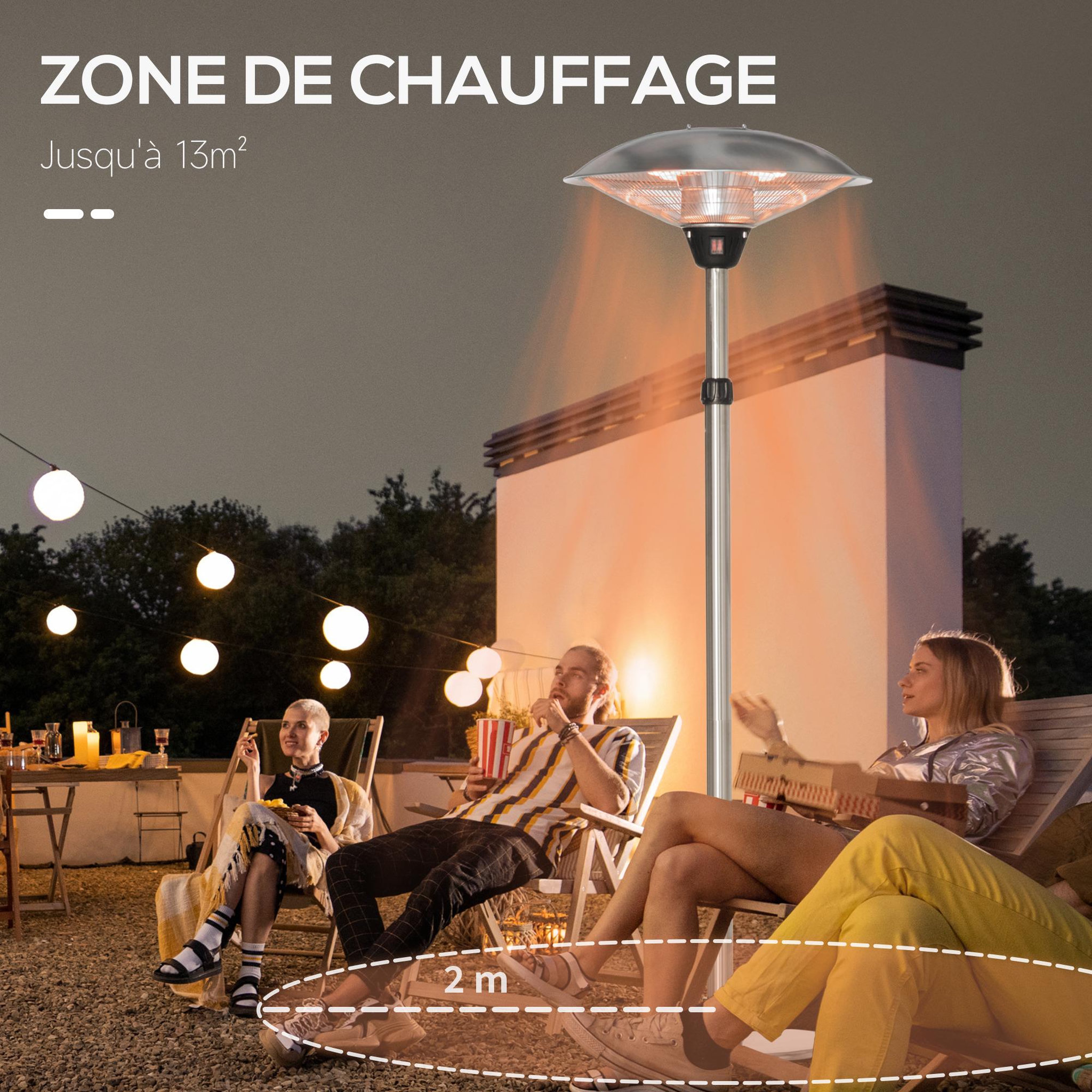 Voir la diapositive 5 : OUTSUNNY Parasol chauffant infrarouge à quartz 3000 W max. - hauteur réglable Ø 58,5 x 160-200H cm - chauffage radiant sur pied - puissance réglable