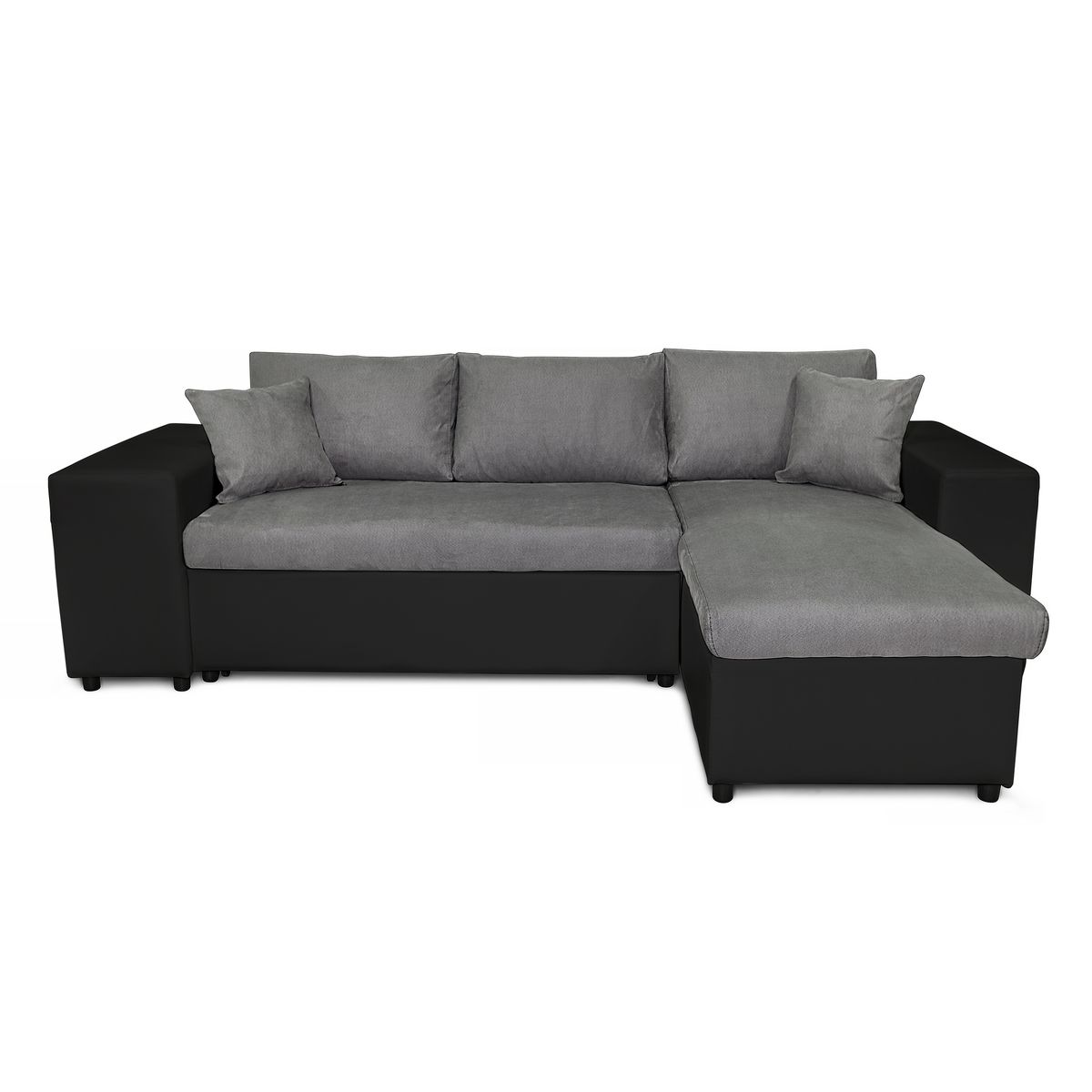 Canapé d'angle convertible avec coffre 3 places + 2 poufs à gauche et étagère à droite  MACHA