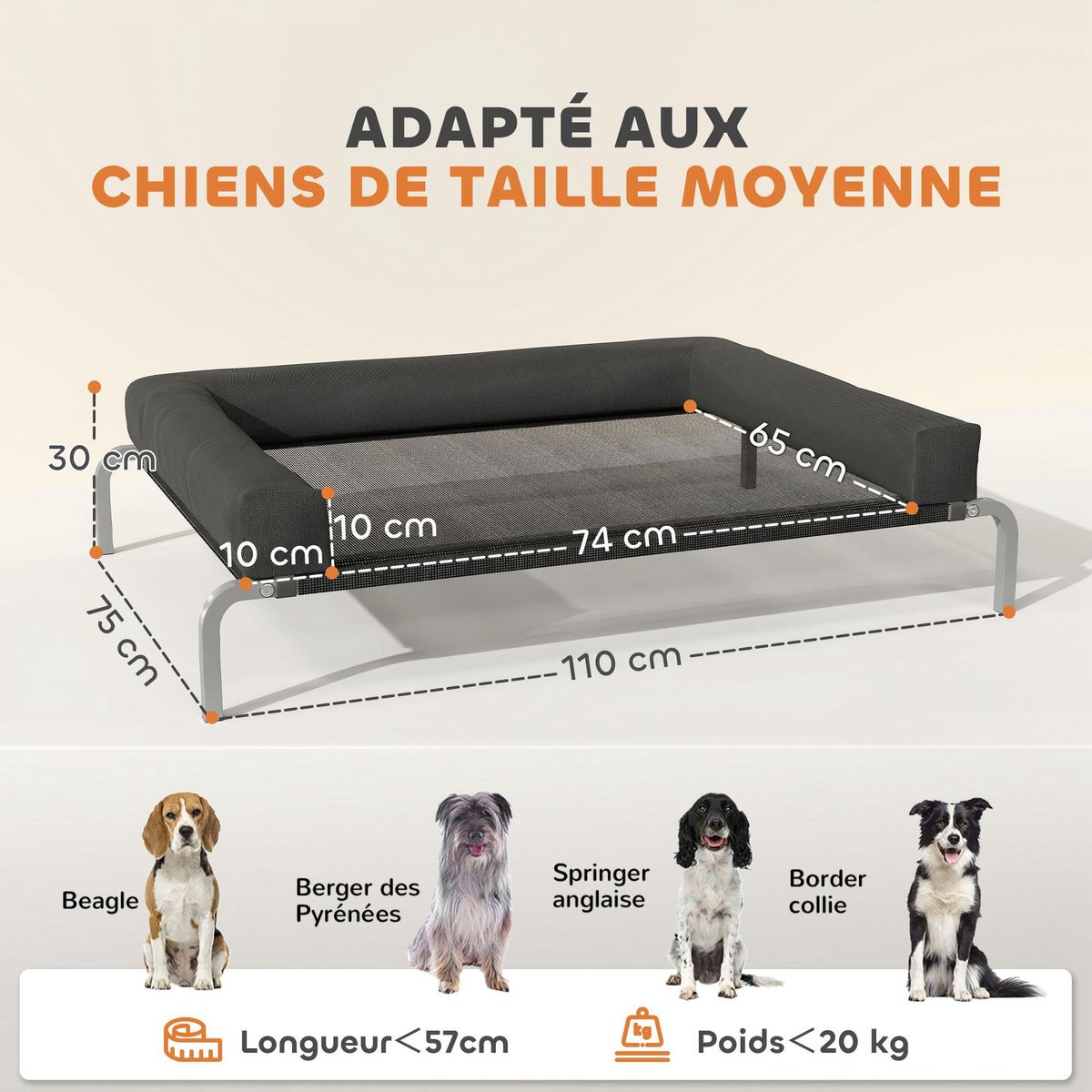 PAWHUT Transat pour animaux - lit pour chien - lit à pieds pour chien avec contour coussin dim. 110 x 75 x 30 cm - noir