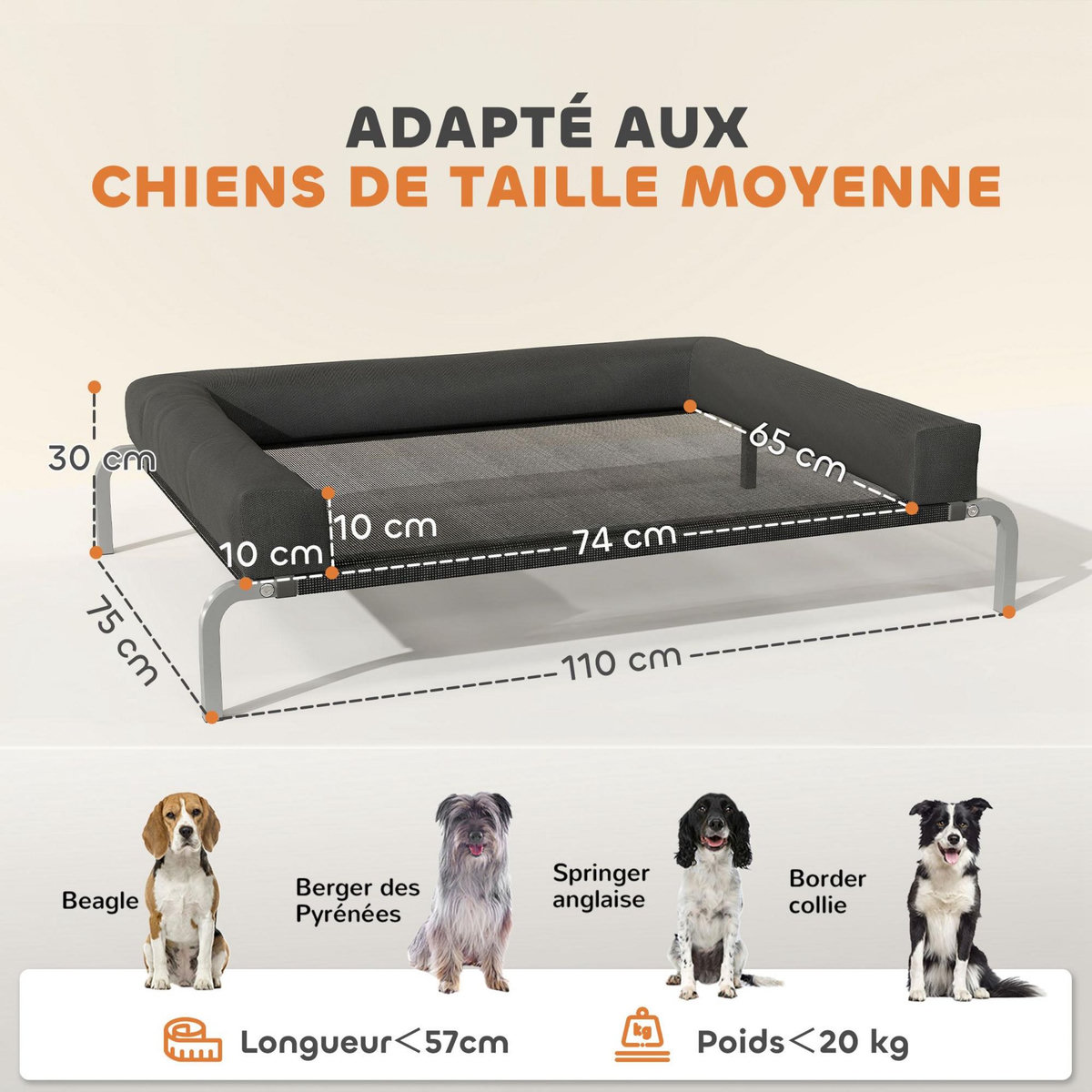 PAWHUT Transat pour animaux - lit pour chien - lit à pieds pour chien avec contour coussin dim. 110 x 75 x 30 cm - noir