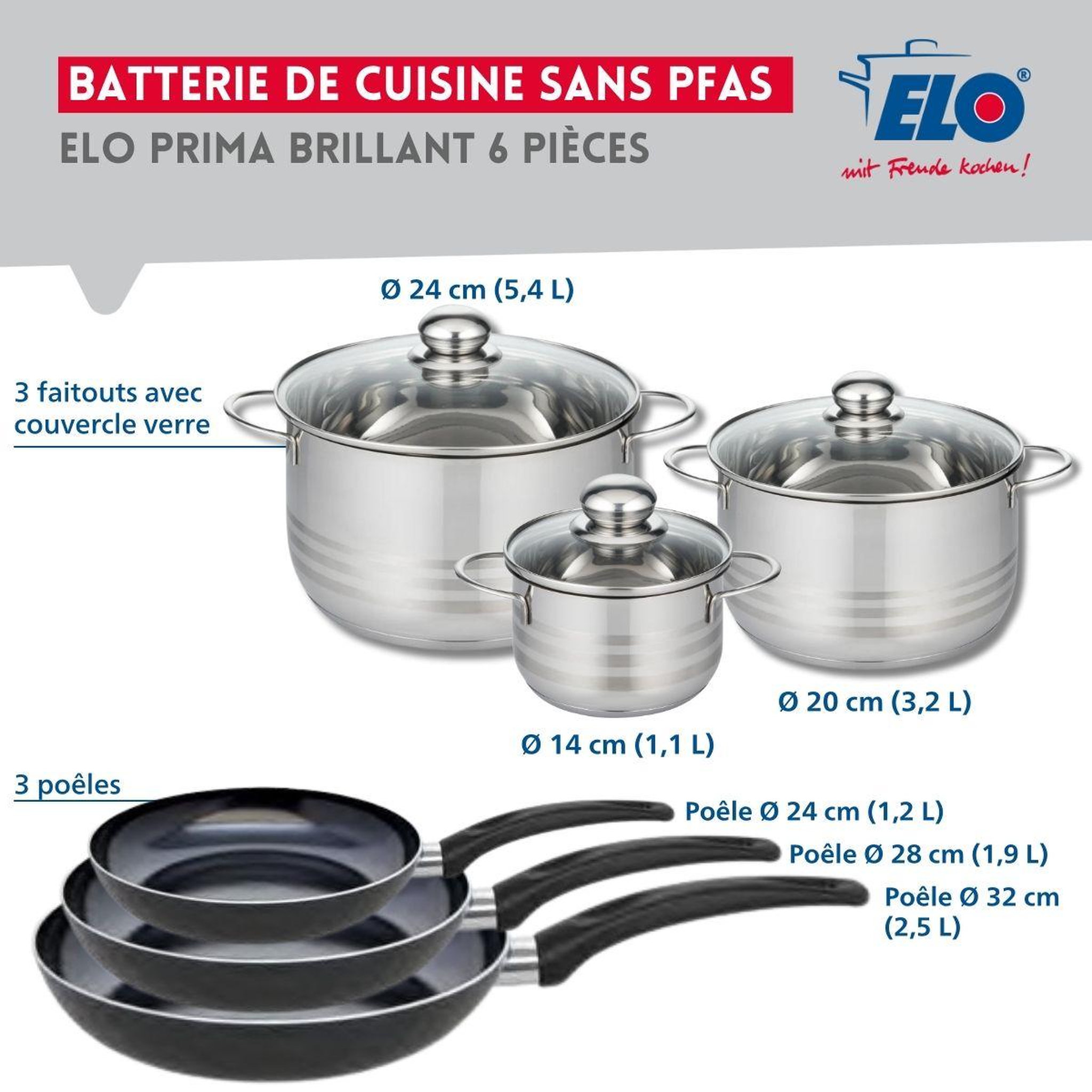 Voir la diapositive 2 : ELO Ensemble de 3 poêles de cuisson 24, 28 et 32 cm et 3 faitouts 14, 20 et 24 cm elo prima brillant