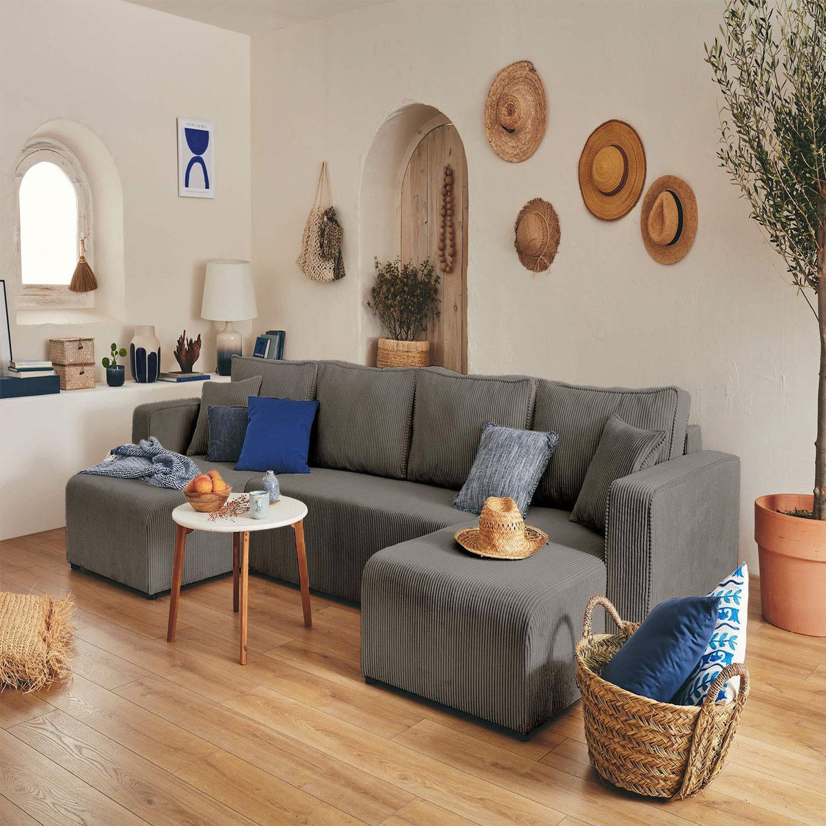 BEST MOBILIER Topaze - canapé panoramique en u - 7 places - convertible avec coffre - en velours côtelé