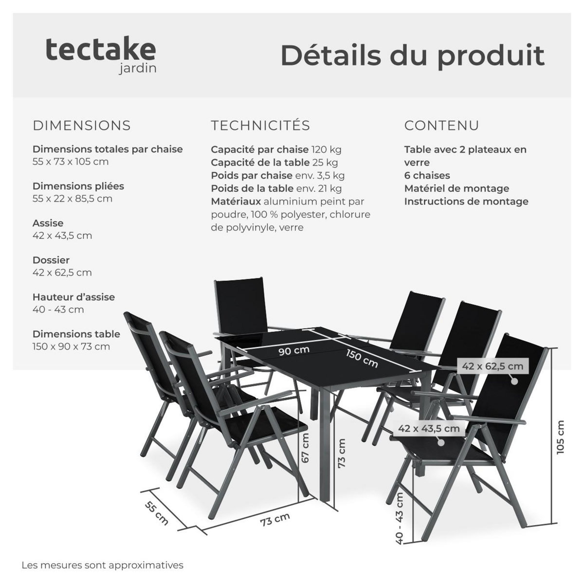 tectake Ensemble salon de jardin avec cadre en aluminium pour 6 personnes gris anthracite