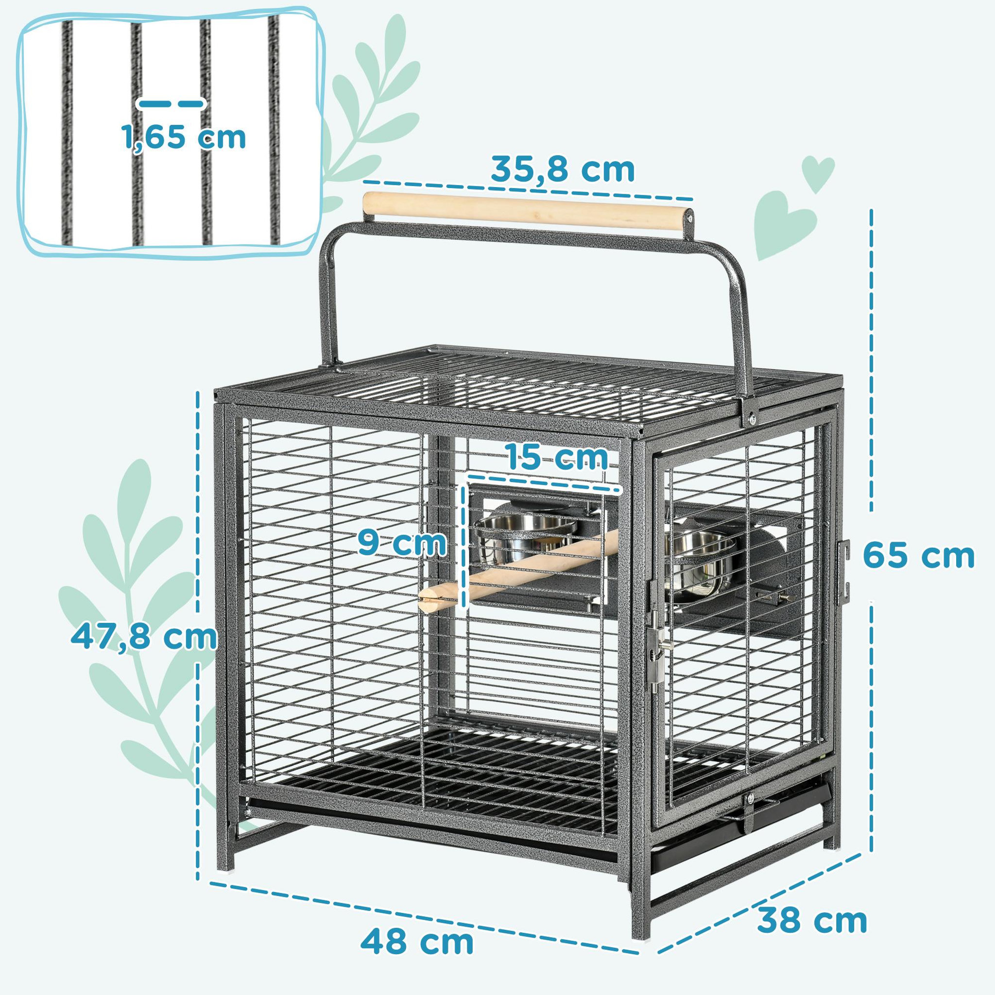 Voir la diapositive 3 : PAWHUT Cage de transport oiseau - cage de transport pour perroquet - porte, 2 trappes de nourrissage - acier gris moucheté