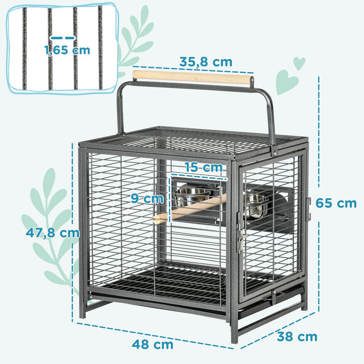 PAWHUT Cage de transport oiseau - cage de transport pour perroquet - porte, 2 trappes de nourrissage - acier gris moucheté