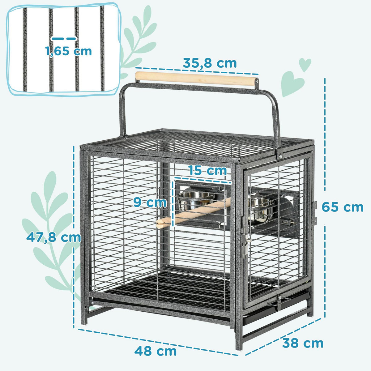 PAWHUT Cage de transport oiseau - cage de transport pour perroquet - porte, 2 trappes de nourrissage - acier gris moucheté